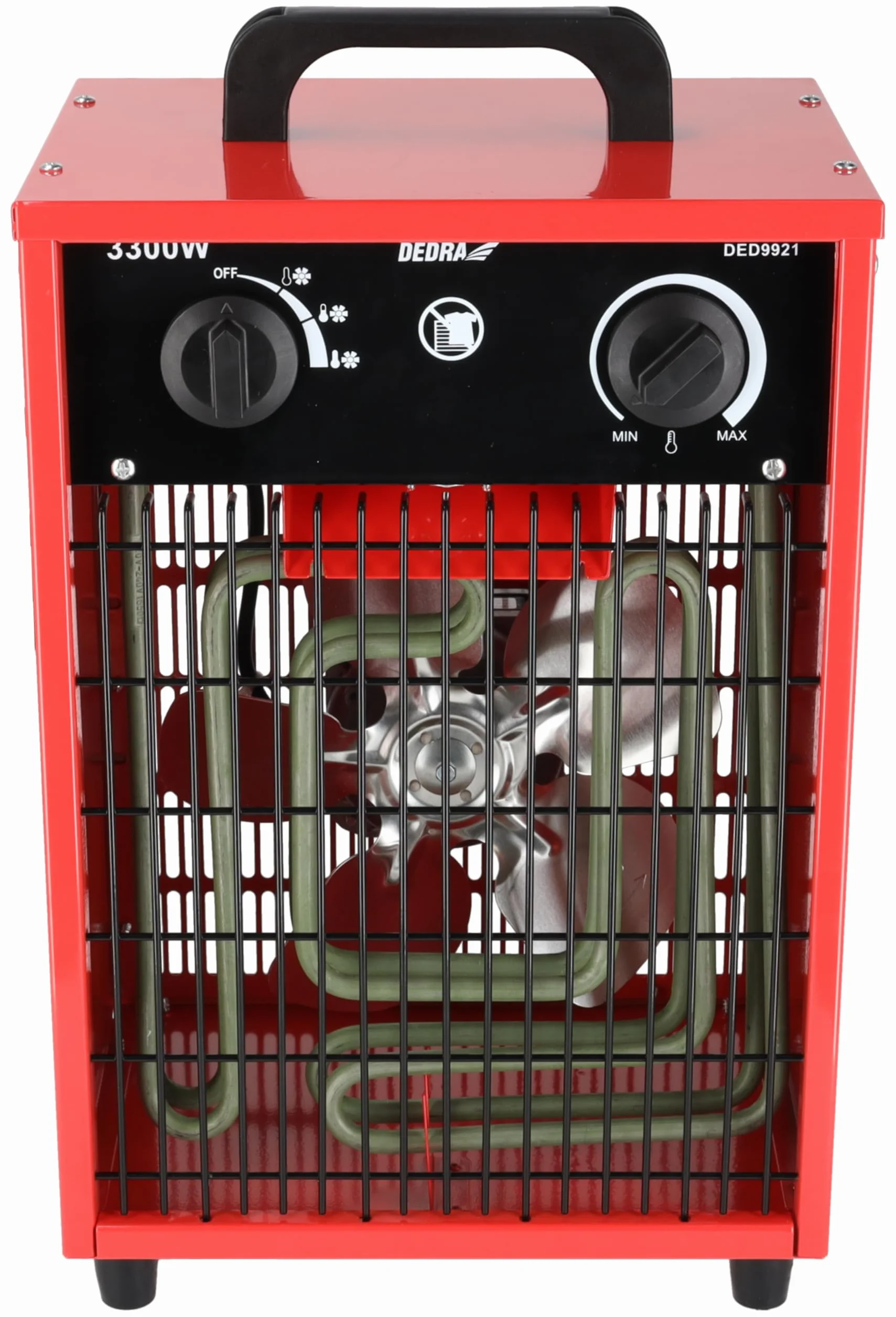 Dedra DED9921 – nagrzewnica elektryczna 3,3 kW, 230 V, 3 tryby pracy (wentylator, 1650 W, 3300 W), termostat, zabezpieczenie przed przegrzaniem, metalowa obudowa, uchwyt transportowy, do ~ 35m2