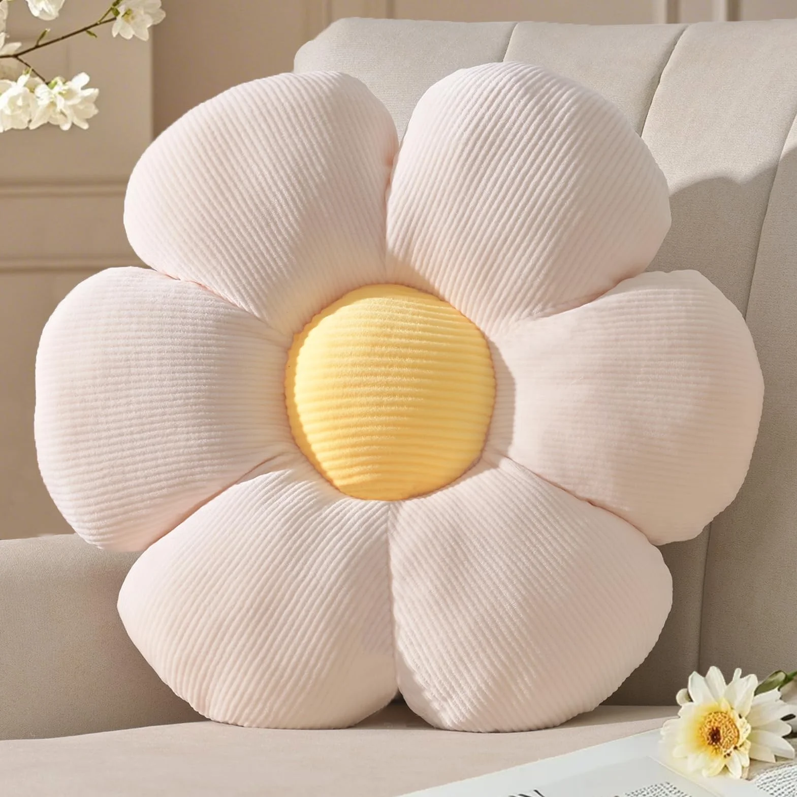 Poduszka kwiatowa biała do siedzenia na podłogę 48 cm