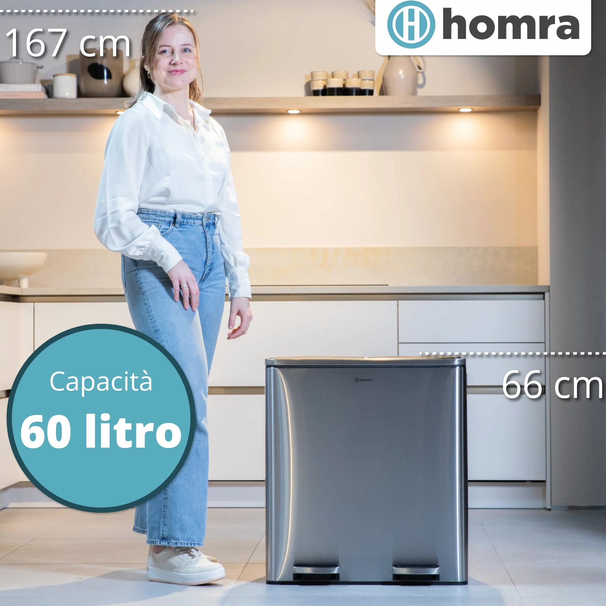Homra Kosz na śmieci 60 litrów Quickx | Kosz na śmieci Tri Selective 2 Tace 2x30l | Kosz na śmiec z dwoma komorami | Kosz na śmeci z wewnętrznymi wiaderkami | Pojemnik na śmieci | Stal nierdzewna