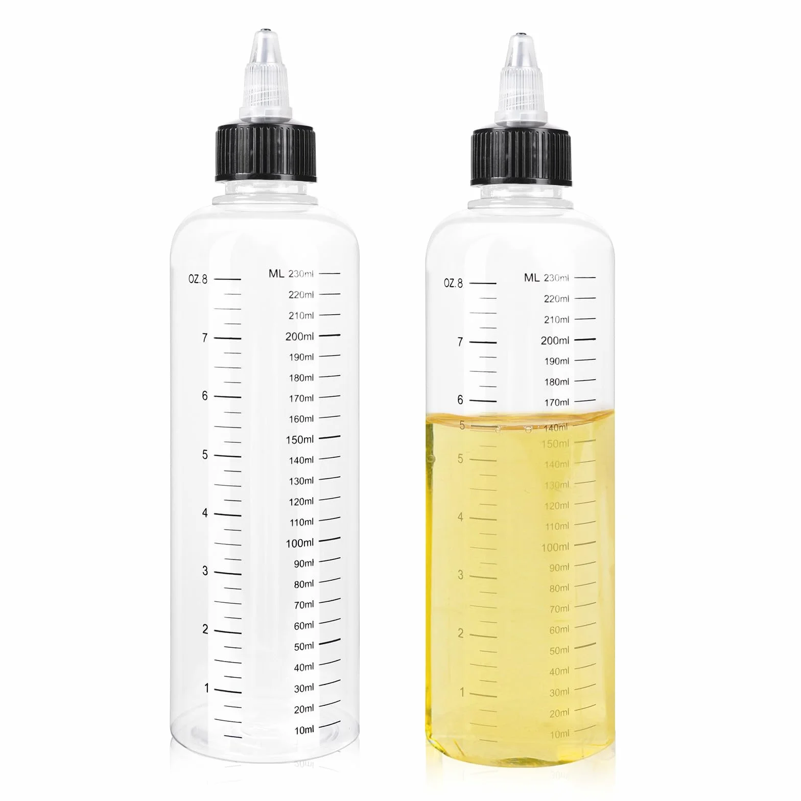 2 butelki do wyciskania 250 ml, ze skalą, przezroczysty dozownik oleju, butelki z końcówką, wielofunkcyjna butelka plastikowa do płynnych przypraw, sosów, oleju, soi, octu