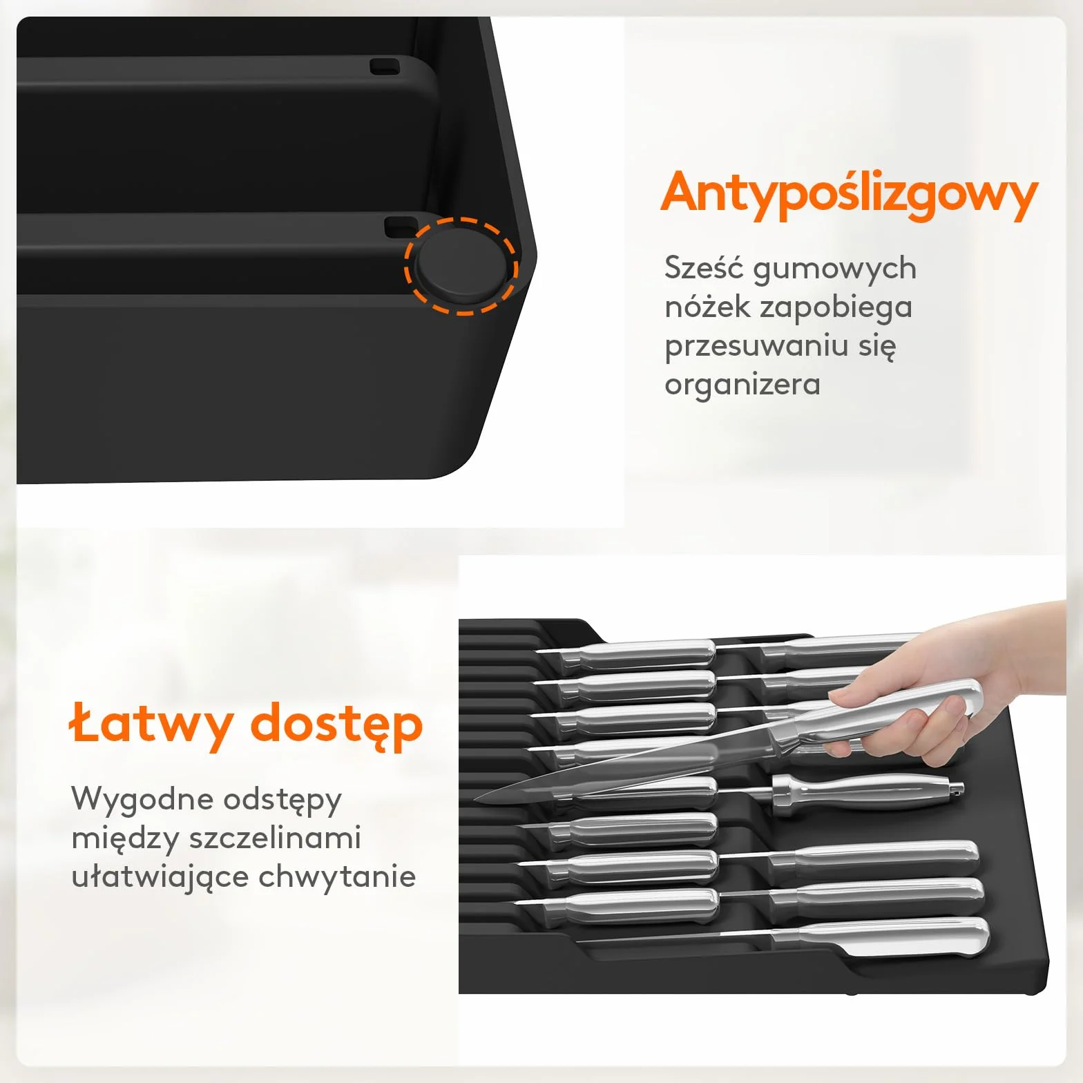 Lifewit Magnetyczny uchwyt na noże, szuflada na 16 noży, 29,5 x 42 x 5 cm, organizer na noże z antypoślizgowym dnem, pusty blok na noże z tworzywa sztucznego, duży wkład do szuflady, czarny
