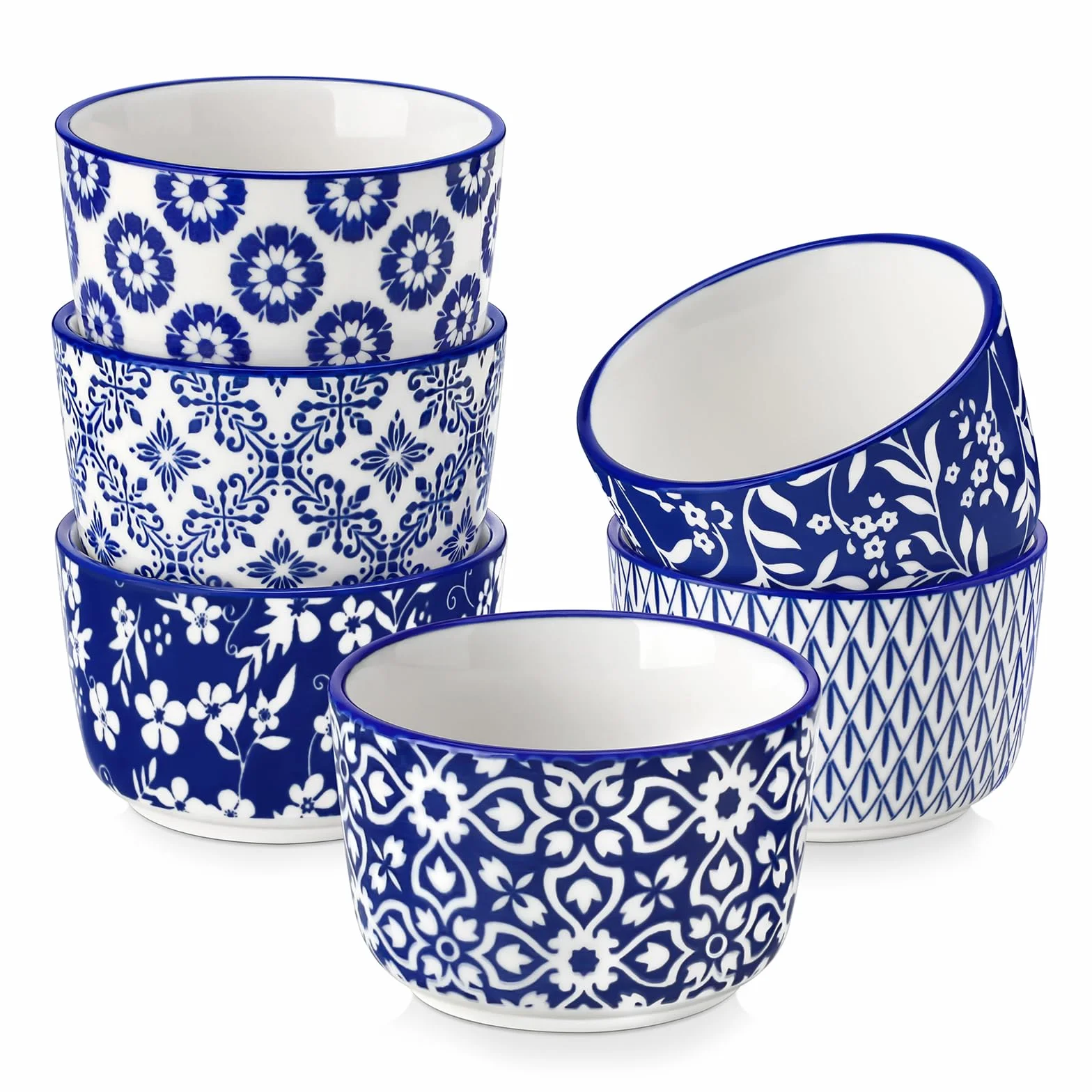 vancasso Selene Mini ceramiczne Ramekins, zestaw 6 sztuk, nadają się do piekarnika, do kremów brûlée, sufletów, deserów, ręcznie wykonanych niebiesko-białych wzorów