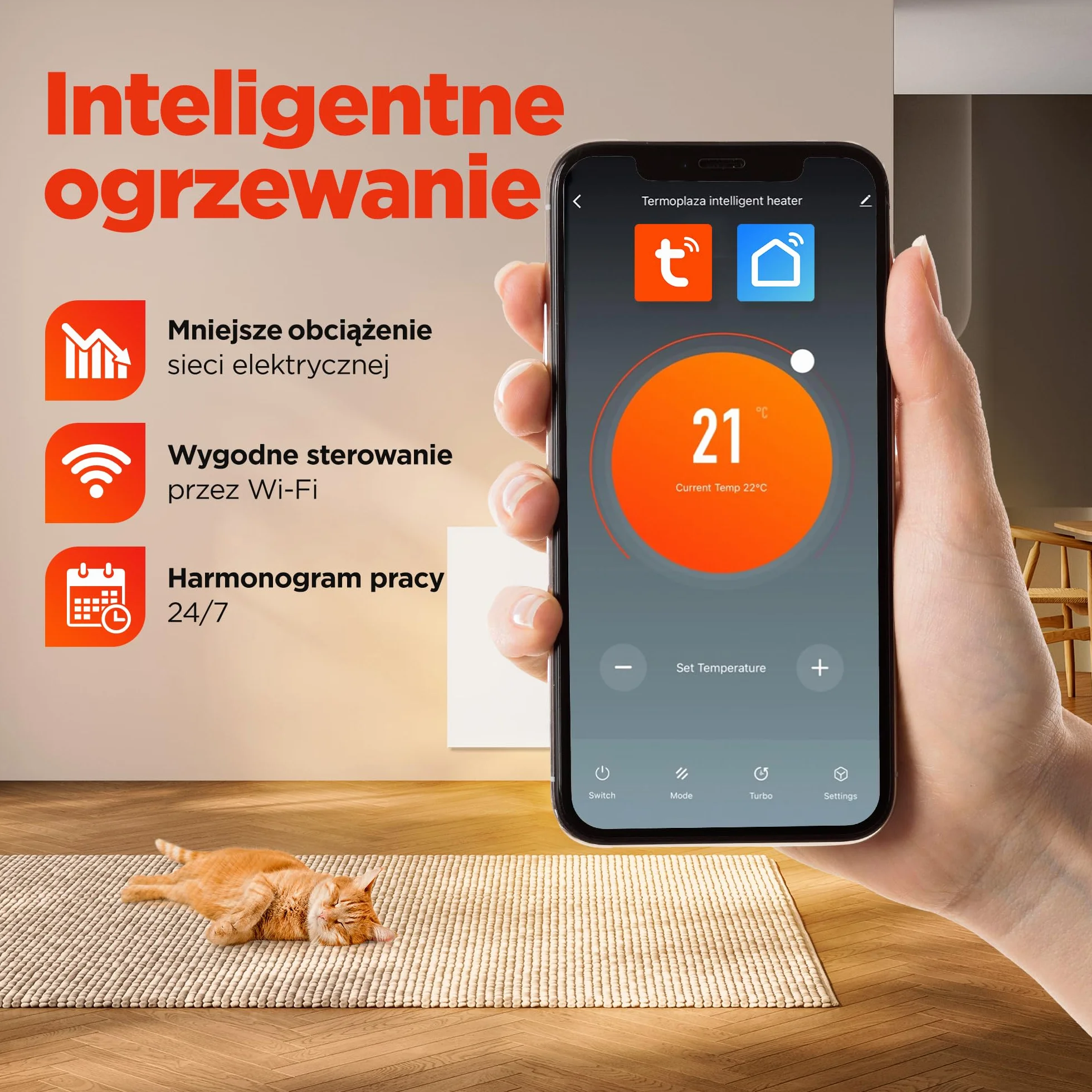 TermoPlaza WiFi Grzejnik na podczerwień z termostatem 1100 W do 28 m² | Inteligentny grzejnik ścienny i stojący | Energooszczędny elektryczny grzejnik konwektorowy do domu i łazienki