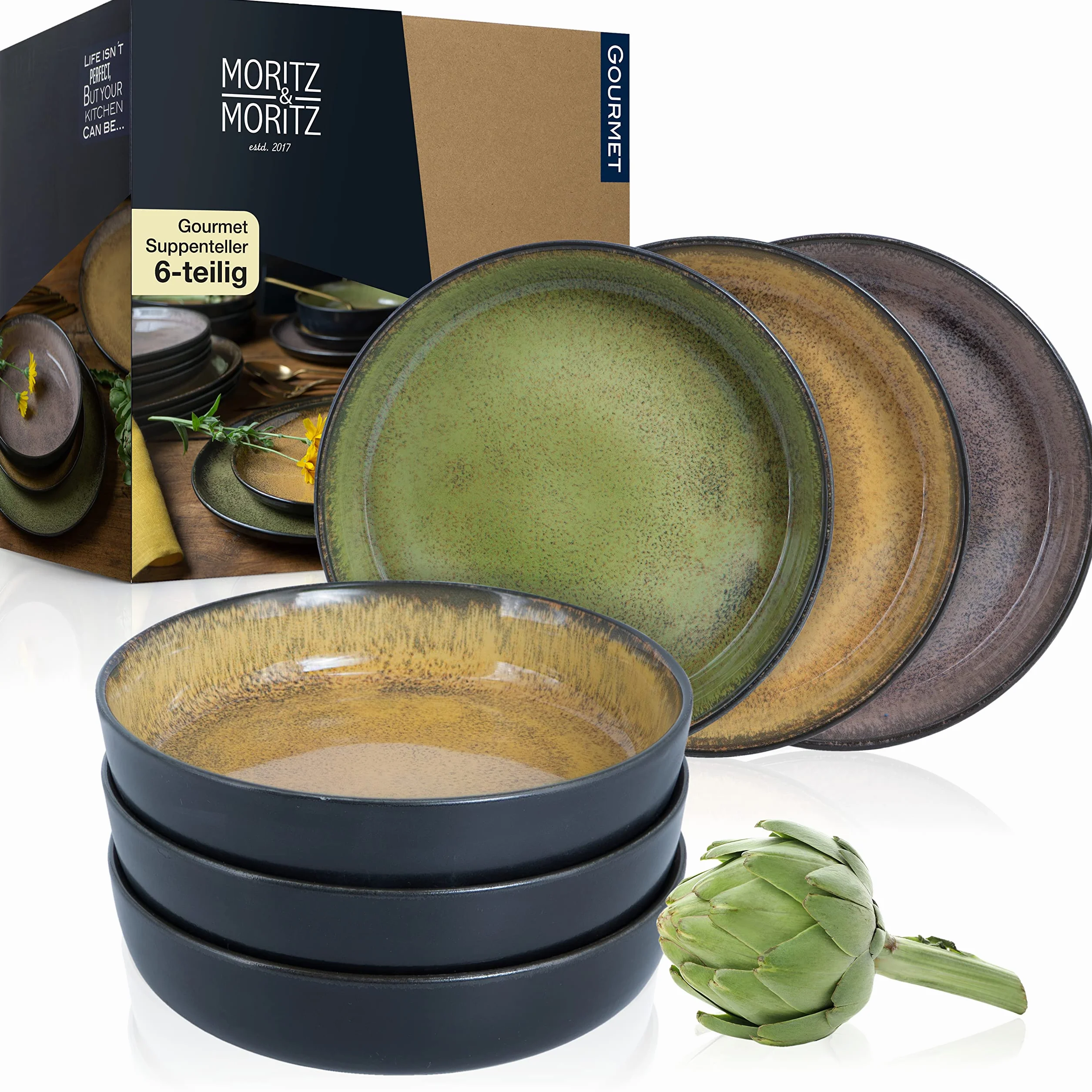 Moritz & Moritz zestaw 6 talerzy żółto-zielono-różowych do zupy - talerze do zupy dla 6 osób - porcelana nadająca się do mycia w zmywarce i użycia w kuchence mikrofalowej