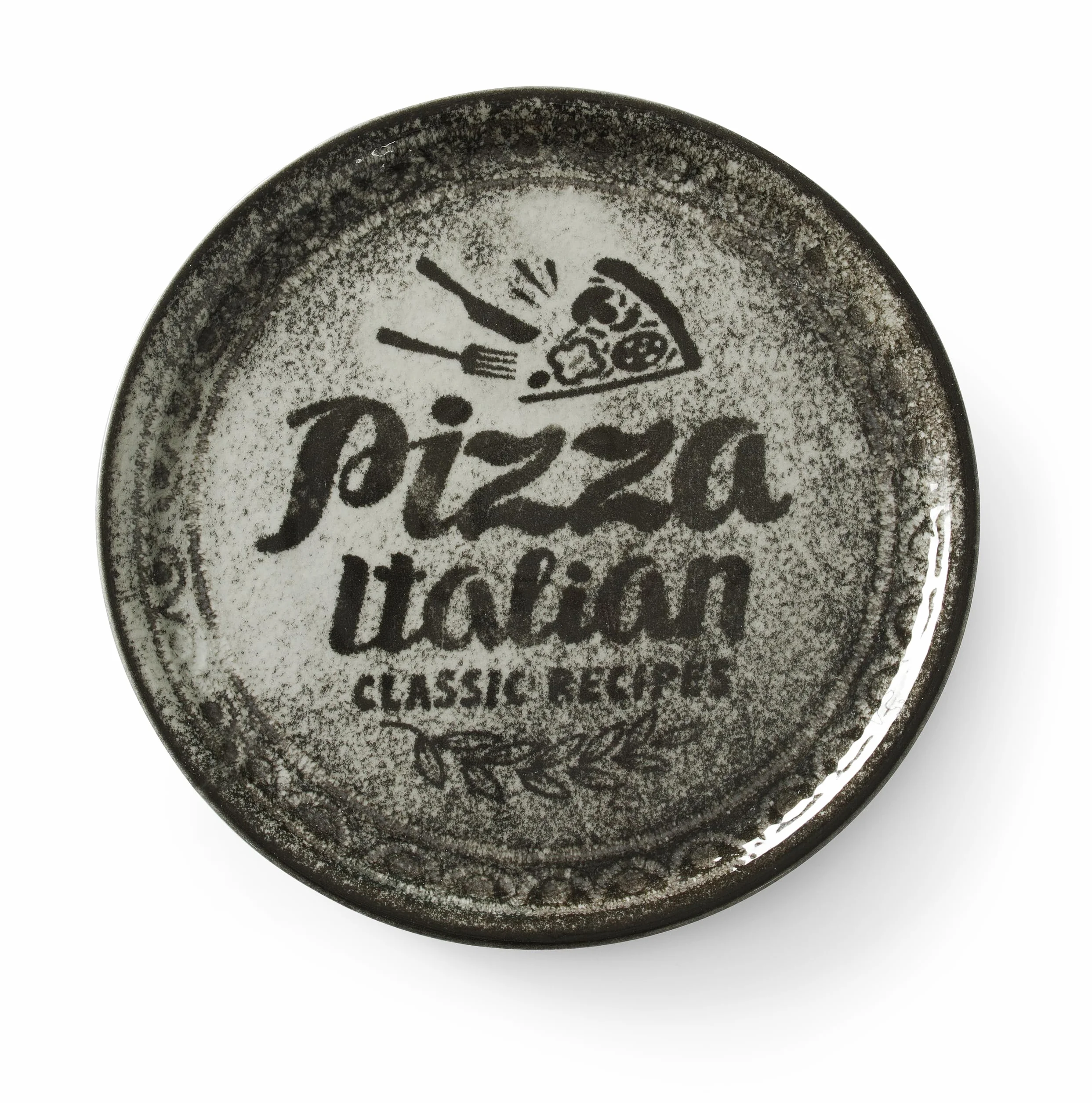 HENDI Talerz do pizzy, porcelana, wzór: tekst i ilustracja pizzy, można myć w zmywarce i stosować w kuchence mikrofalowej, ⌀330mm, czarny