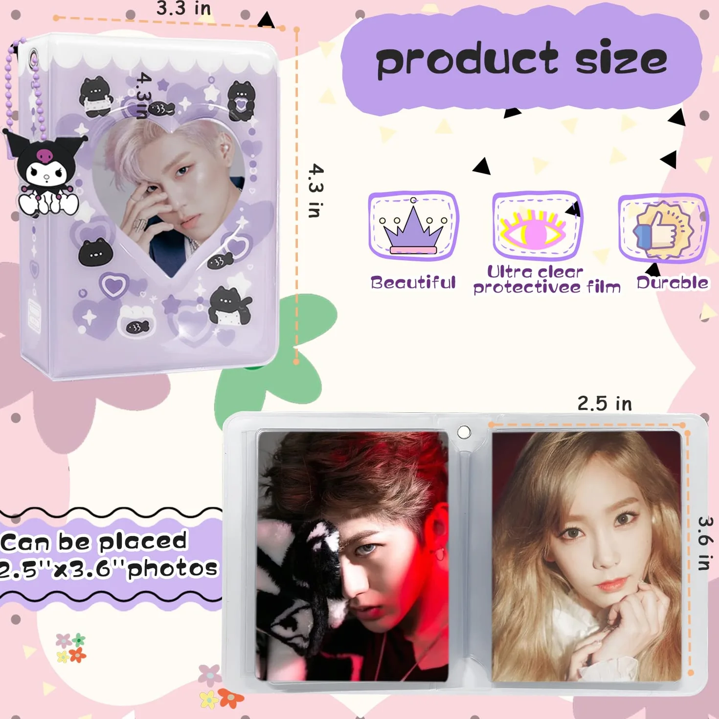 Segregator na fotokartki, 7 cm, kpop, na fotokartkę, uroczy mini album fotograficzny, przenośny segregator Kpop, album na karty fotograficzne, z uroczym wisiorkiem, do kolekcji kart