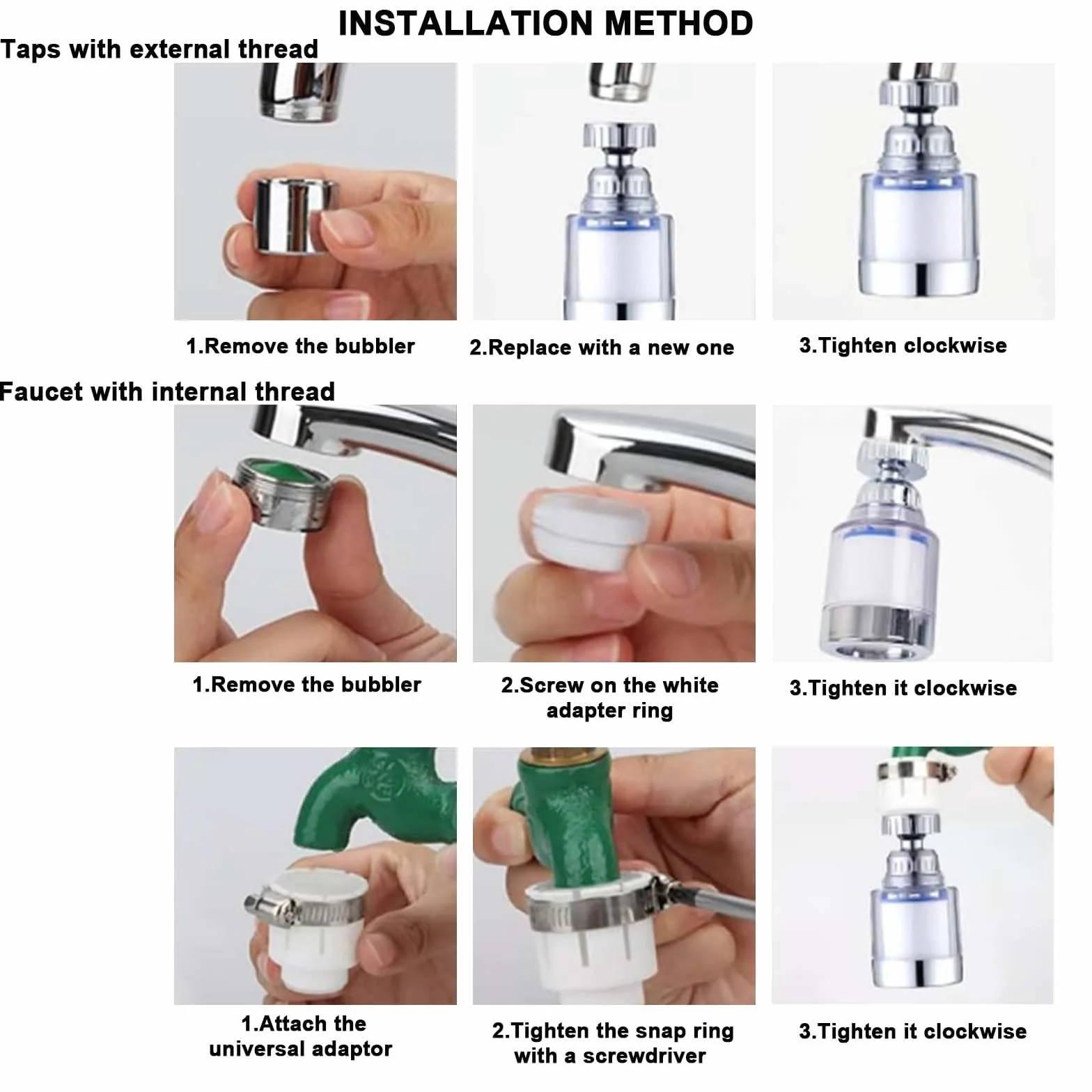 2 sztuki filtrów do wody, kran, filtr 360°, 6 sztuk bawełnianego elementu filtrującego PP i uniwersalnym adapterem, filtr do kranu do domu, kuchni, łazienki, umywalki