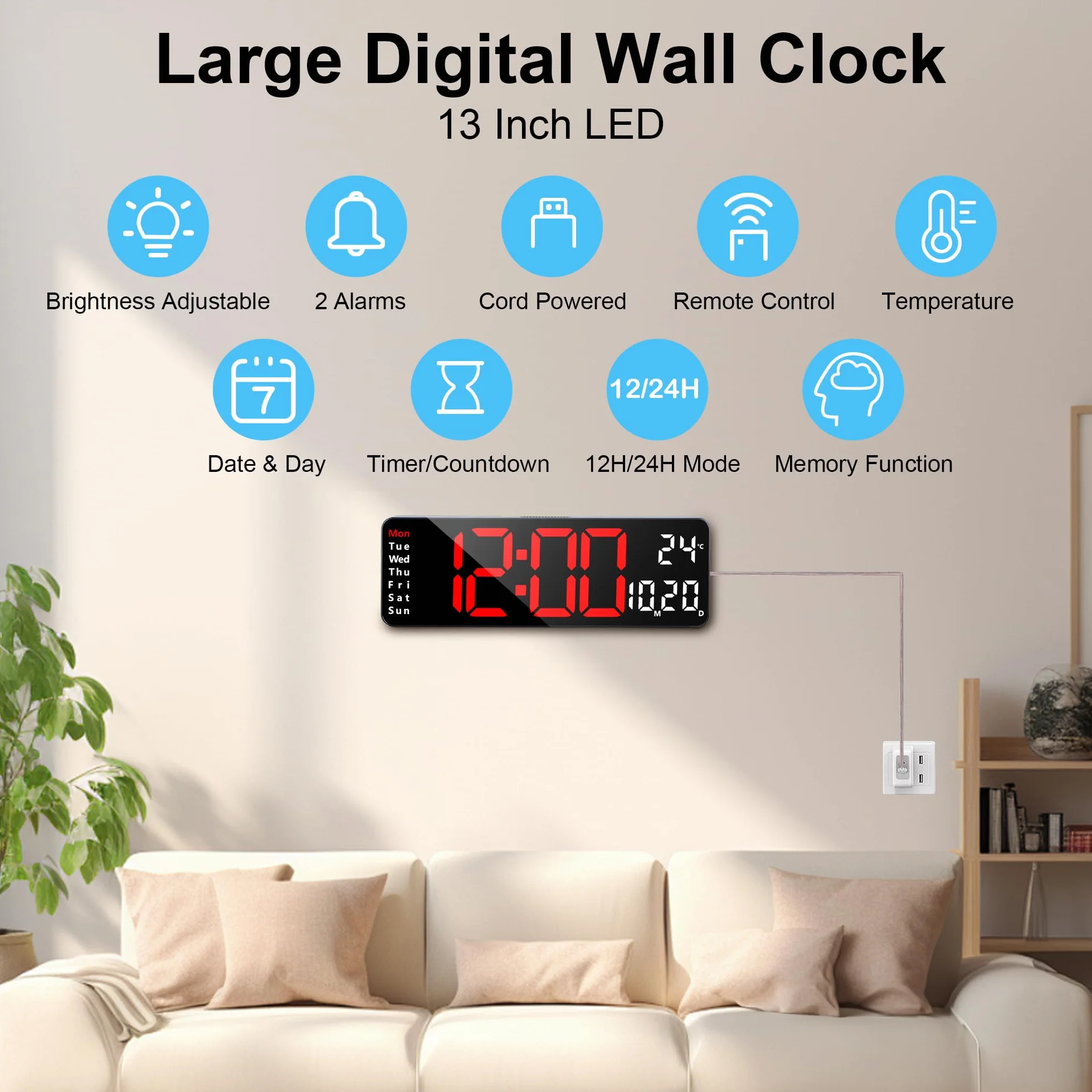 Lafocuse Cyfrowy zegar ścienny LED 33 cm z pilotem, regulowaną jasnością, timerem, temperaturą, datą