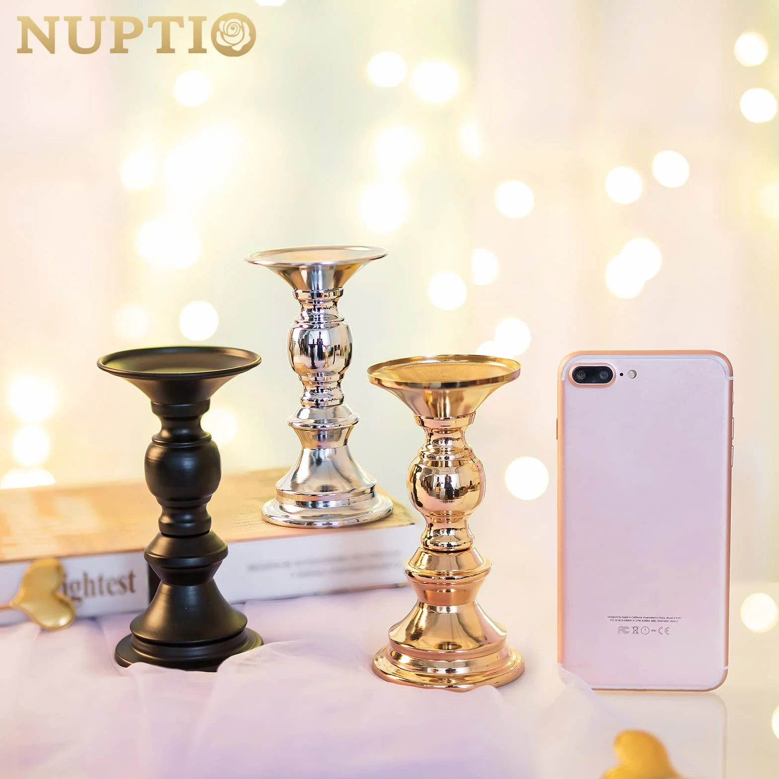 Nuptio zestaw 2 metalowych świeczników w kolorze złotym, ślubne świeczniki, 50 mm, stojak, idealna dekoracja na wesela, specjalne okazje, imprezy, świecznik świąteczny