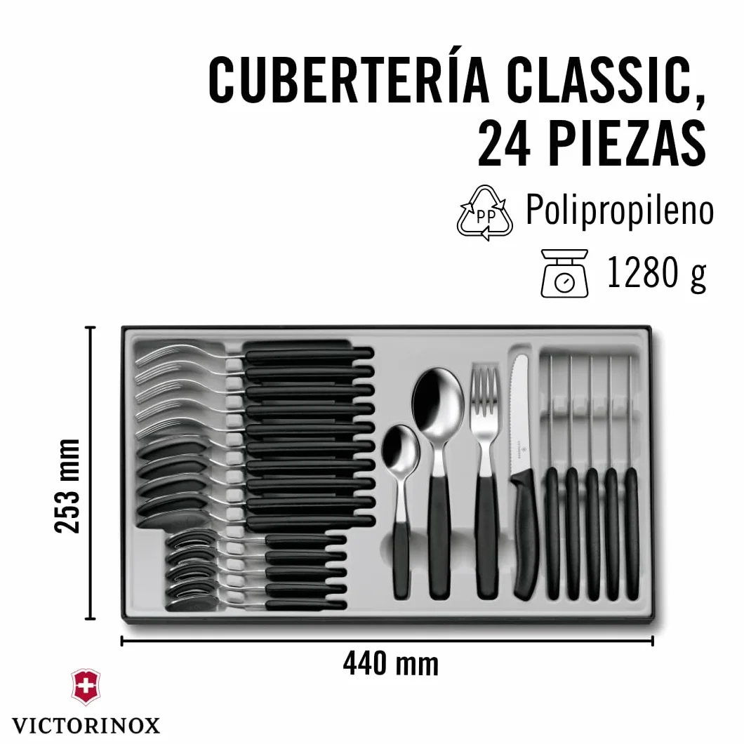 Victorinox, 6.7833.24, Swiss Classic, Tafelbesteck, Extra scharfe Klinge, mit Wellenschliff, robuster Kunststoff-Griff, Schwarz, Spülmaschinengeeignet