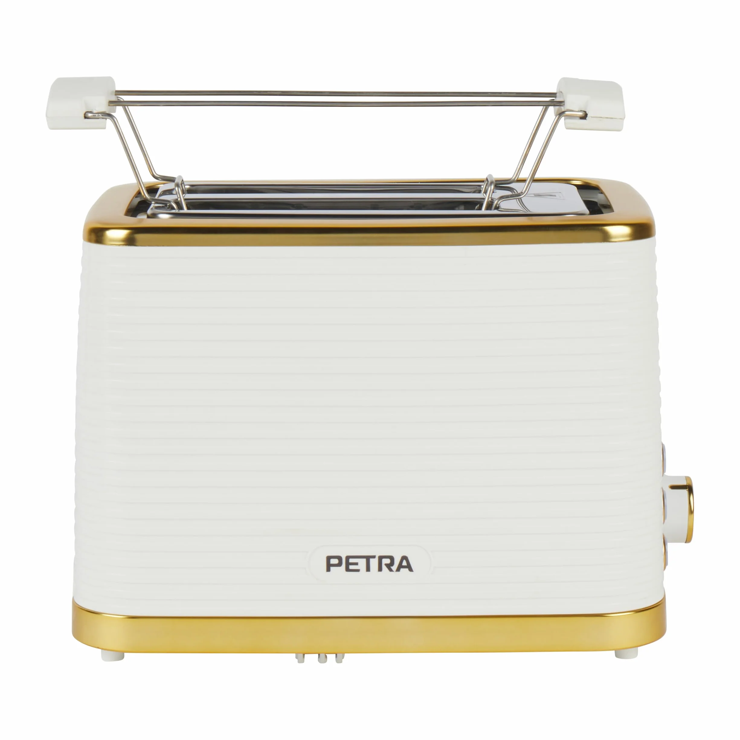 Petra PT5032WVDE Toster na 2 grzanki – z rusztem do podgrzewania, funkcja rozmrazania, podgrzewania i anulowania, tacka na okruszki, 7 poziomami czasu opiekania i wskaznikami, 930 W, bialy/zloty