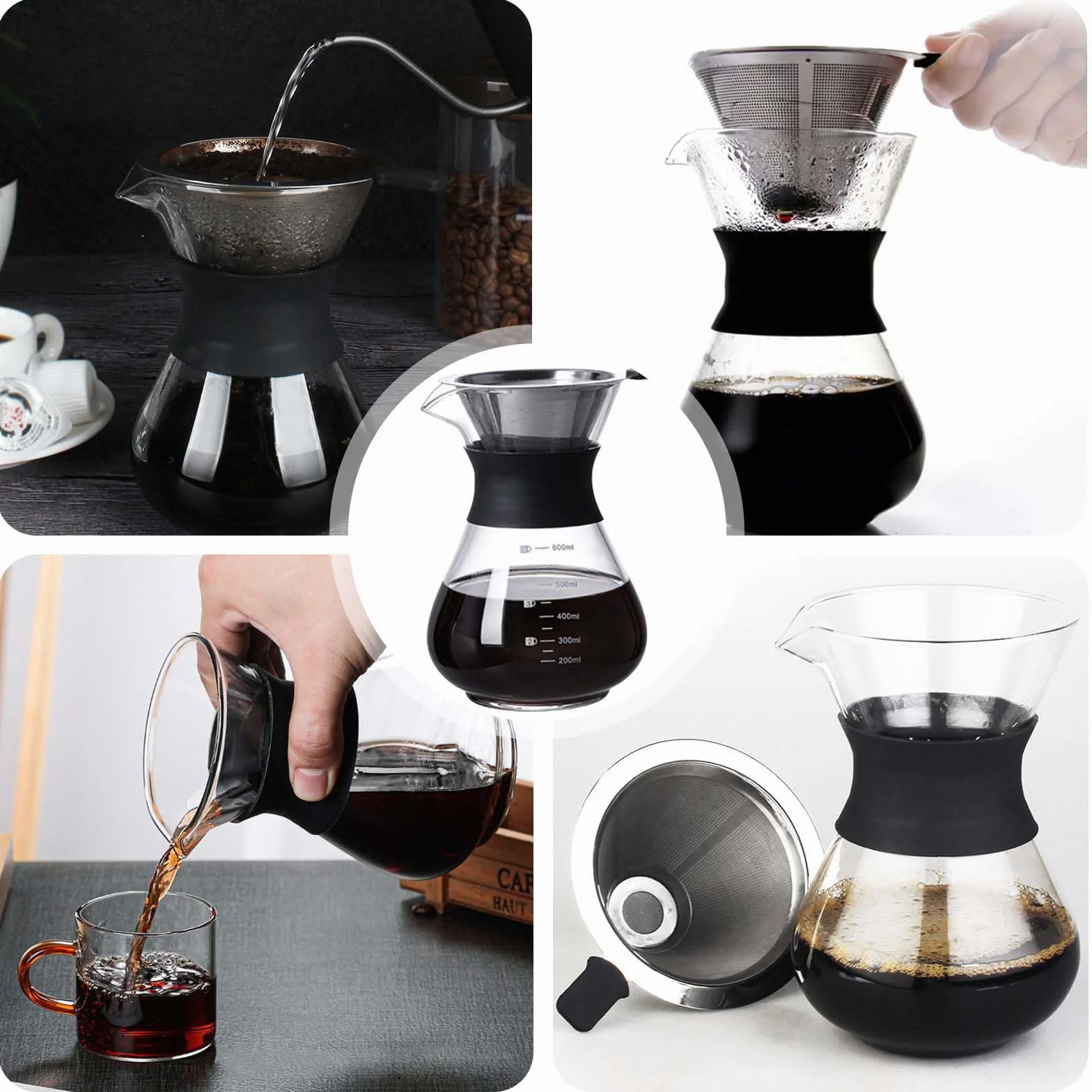 Pour Over zaparzacz do kawy 600 ml stal nierdzewna filtr ręczny szkło czarny