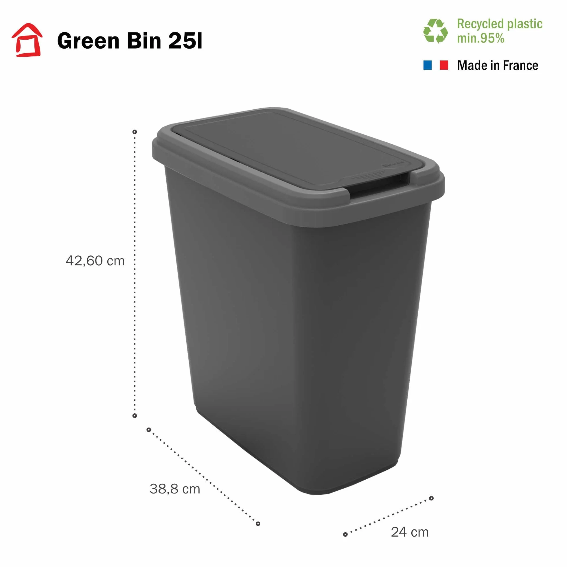Sundis Green Bin kosz na śmieci do sortowania, 25 l, wewnętrzny, prostokątny, z tworzywa sztucznego pochodzącego z recyklingu, pokrywa na bujane lub stałe, z naklejkami do kuchni, biura, pralni,