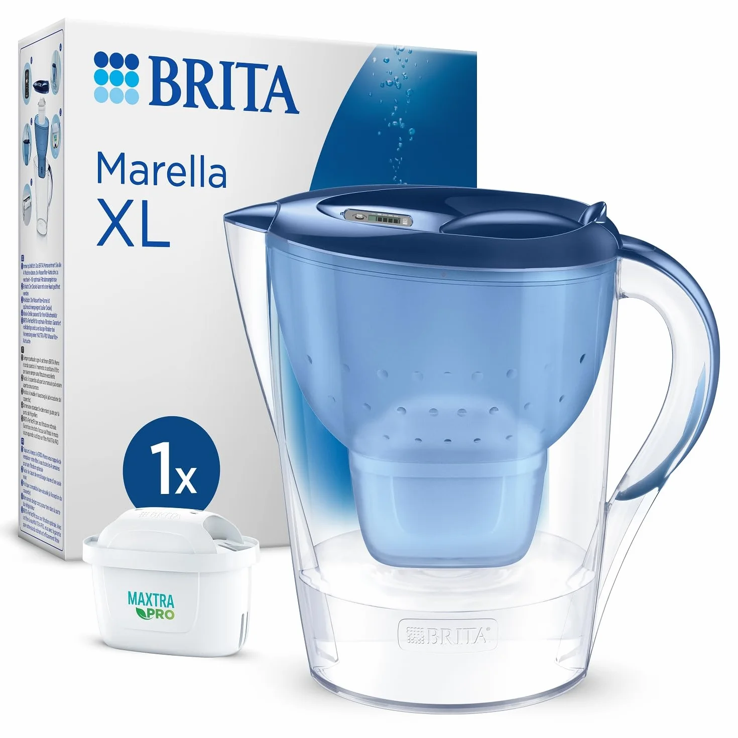 BRITA Dzbanek z filtrem wodnym Marella XL Blue (3,5 l) w zestawie 1 x wkład MAXTRA PRO All-in-1 - dostosowany do lodówki dzbanek z cyfrowym LTI i pokrywką redukującą chlor, wapno i zanieczyszczenia.