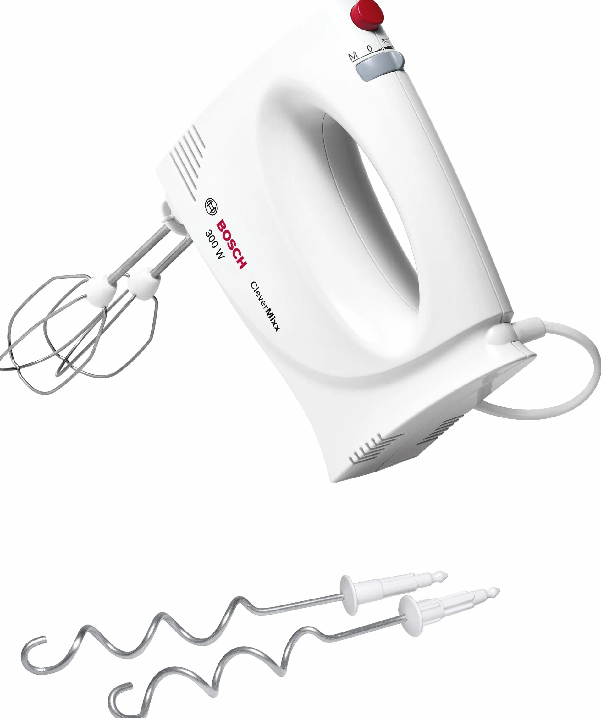 Bosch, mikser ręczny CleverMixx, 300 W, 2 prędkości, funkcja Turbo, haki do ciasta, końcówki ze stali nierdzewnej, lekka obudowa, MFQ3010, biały/czerwony