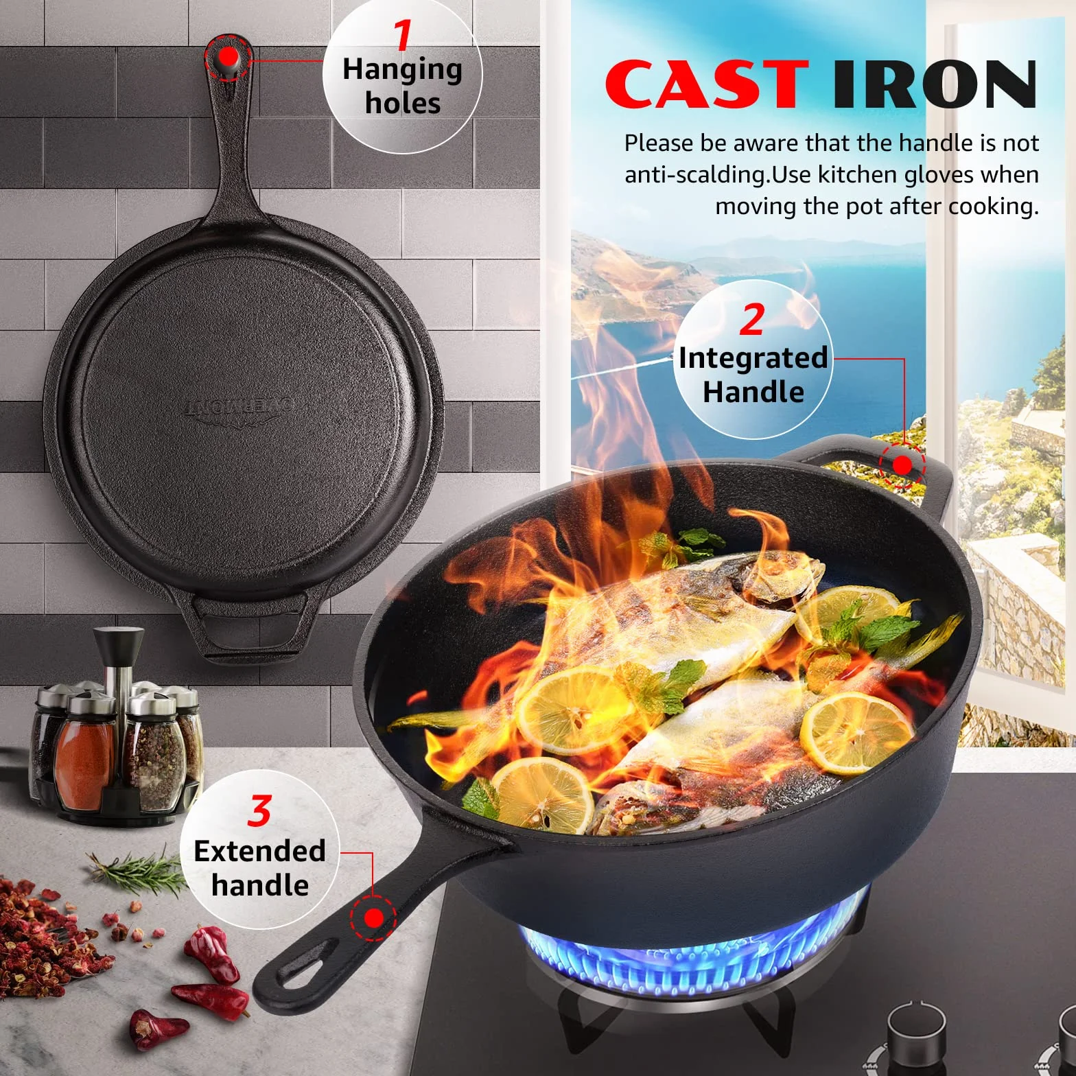 Overmont żeliwny garnek typu Dutch Oven 2 w 1 z pokrywką z funkcją patelni 3 I, garnek żeliwny + 1,4 I pokrywka jako patelnia, gotowy do użycia, z długim uchwytem, do kuchni, na kemping, do ogrodu, BBQ, pieczenia, model: OV009