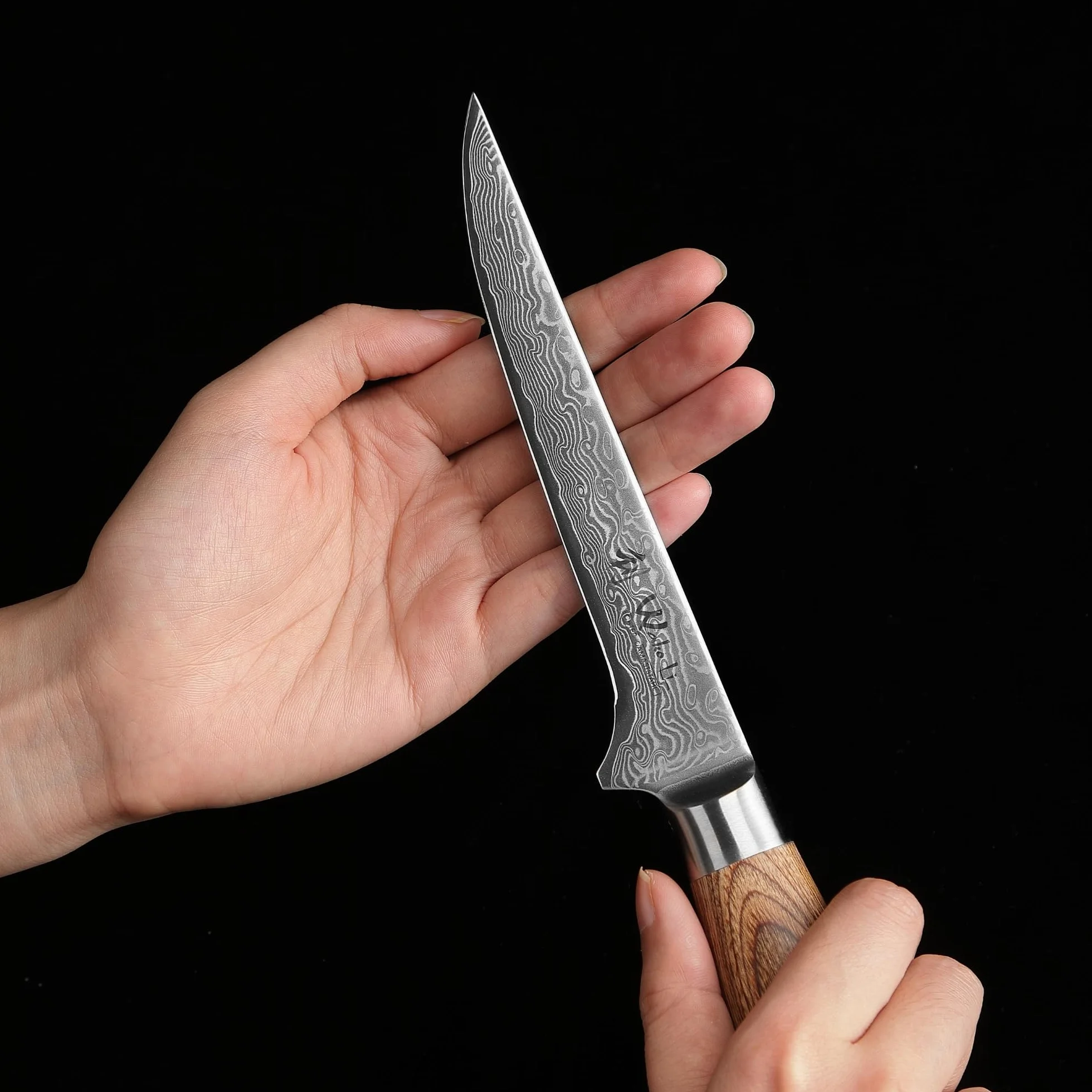 WAKOLI Nóż damasceński Edib Pro 14,5 cm z 67-warstwowej stali damasceńskiej z rdzeniem VG10 i rękojeścią z drewna pakka I profesjonalny nóż kuchenny i nóż damasceński