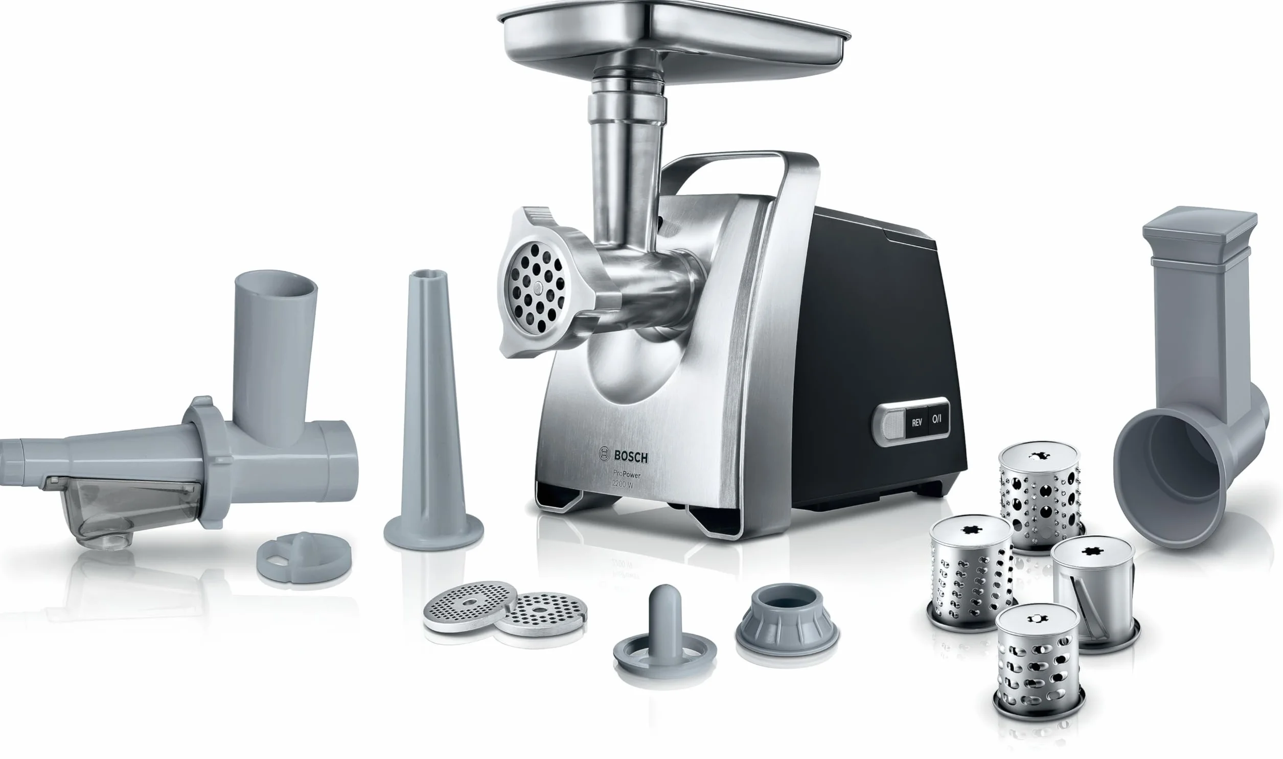 Bosch Maszynka do Mielenia Mięsa MFW68660 ProPower, 2200 W (moc zablokowania), Szatkownica z 4 Tarkami, Nasadka do Kiełbas, 3 Sita ze Stali Nierdzewnej (3, 4,8, 8 mm), Srebrny