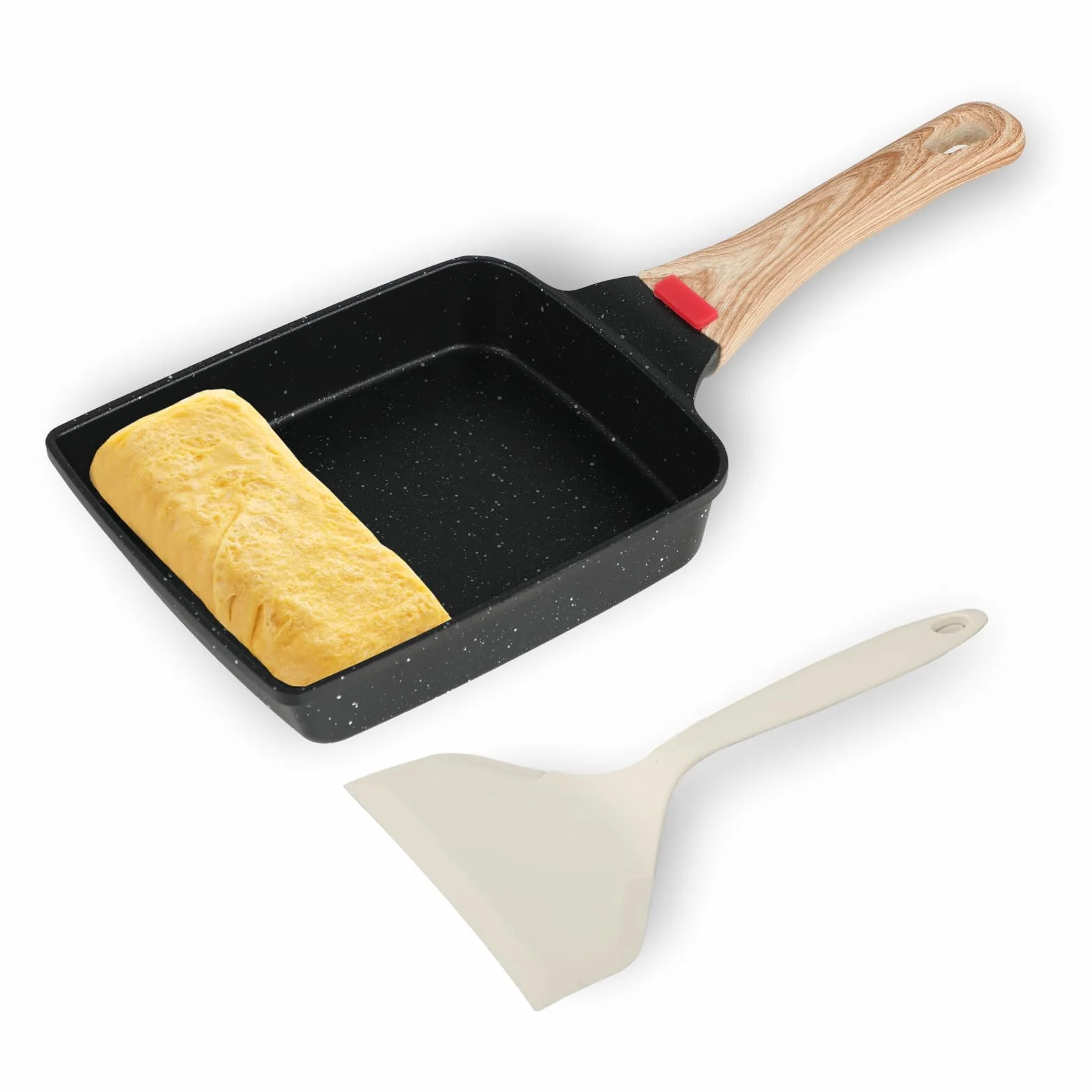 Patelnia Tamagoyaki - Japońska Patelnia Omletowa, Aluminiowa, Nieprzywierająca, 19×15 cm, z Łopatką, na Wszystkie Kuchenki, do Piekarnika/Zmywarki, idealna do Tamagoyaki, Jajek, Naleśników