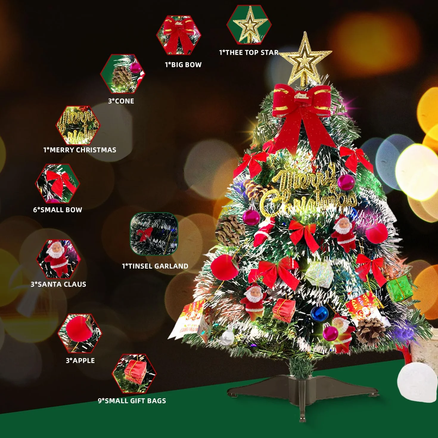 Sztuczna choinka na stół 60 cm mini drzewko sosnowe z ornamentami dekoracja bożonarodzeniowa
