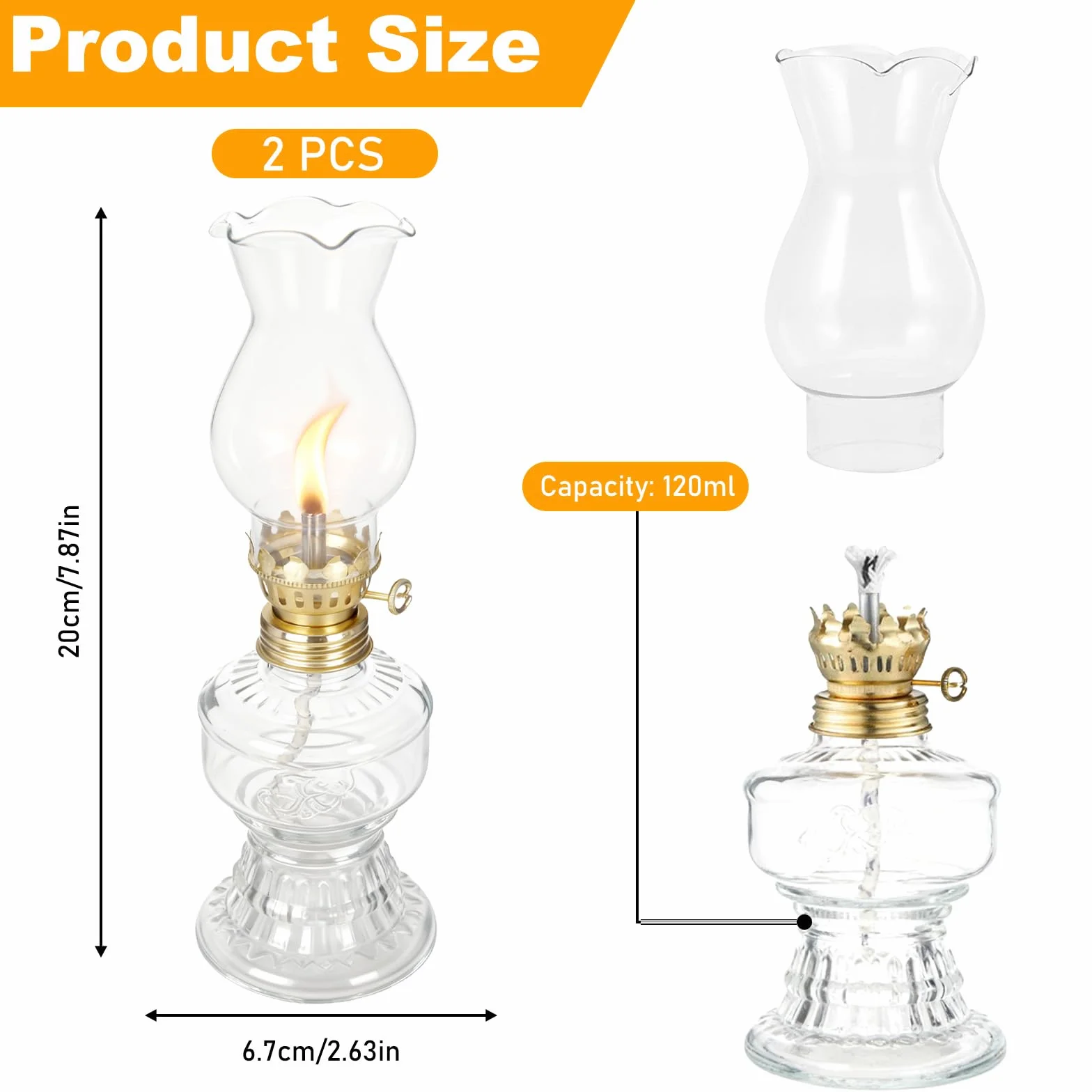 2 sztuki szklanych lamp naftowych, lampa naftowa, lampa naftowa w stylu vintage, z regulowanym knotem ogniowym, delikatna lampa sztormowa, lampa naftowa do wnętrz, na zewnątrz, do salonu, ogrodu