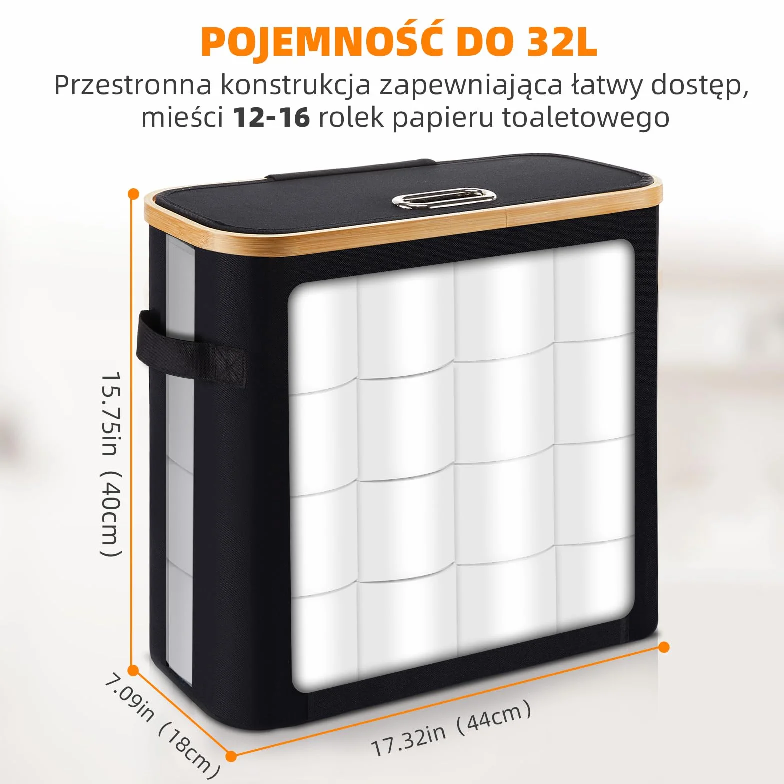 OUSFOT Kosz do Przechowywania Papieru Toaletowego, 32L Organizer Lazienkowy z Pokrywką do przechowywania 12 rolek Kosz na Papier Toaletowy Czarny