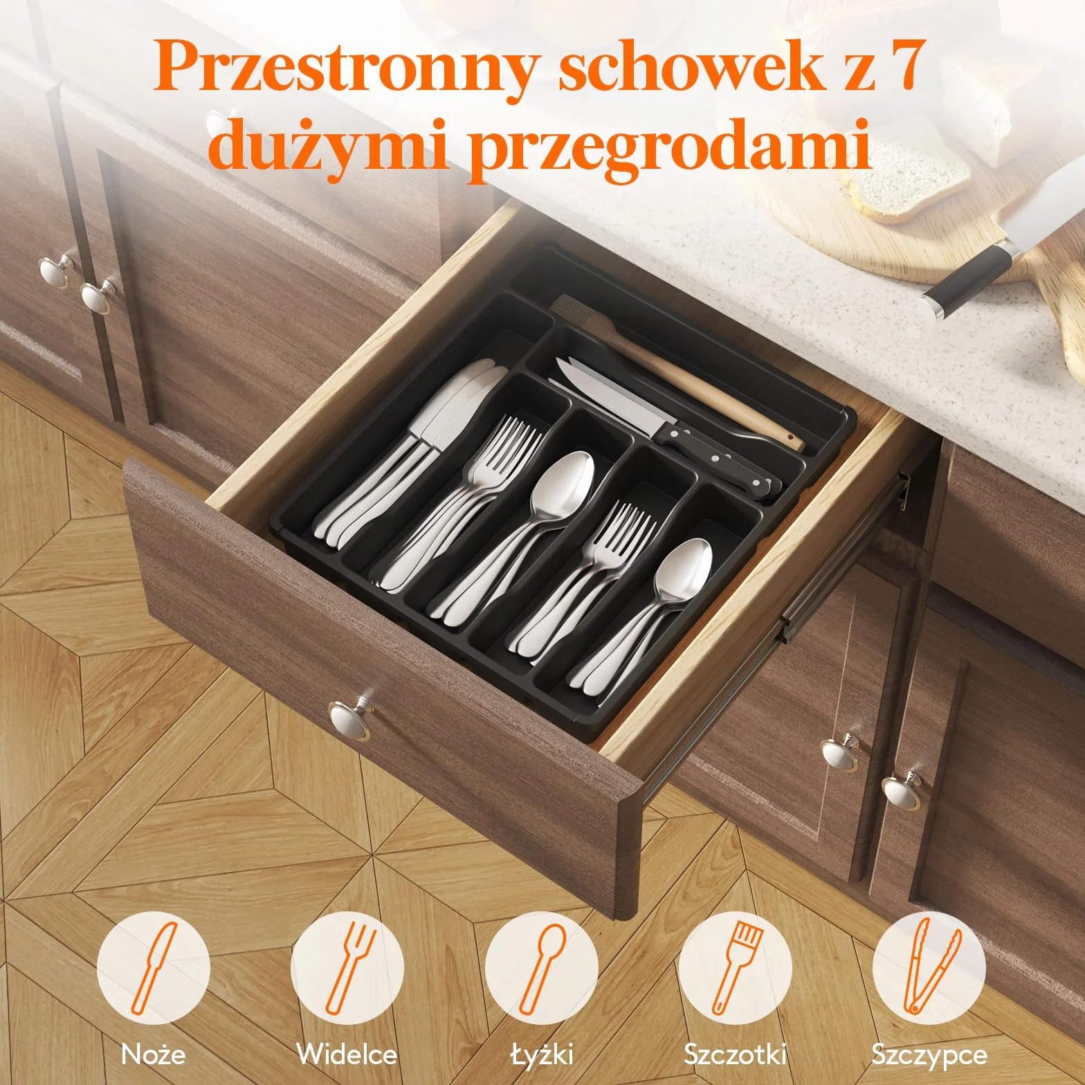 Lifewit Organizer do Szuflady na Sztućce, Plastikowa Taca na Sztućce do Szuflady Kuchennej, Uchwyt z Przegrodami na Łyżki, Widelce i Noże, 7 Przegródek, Czarny