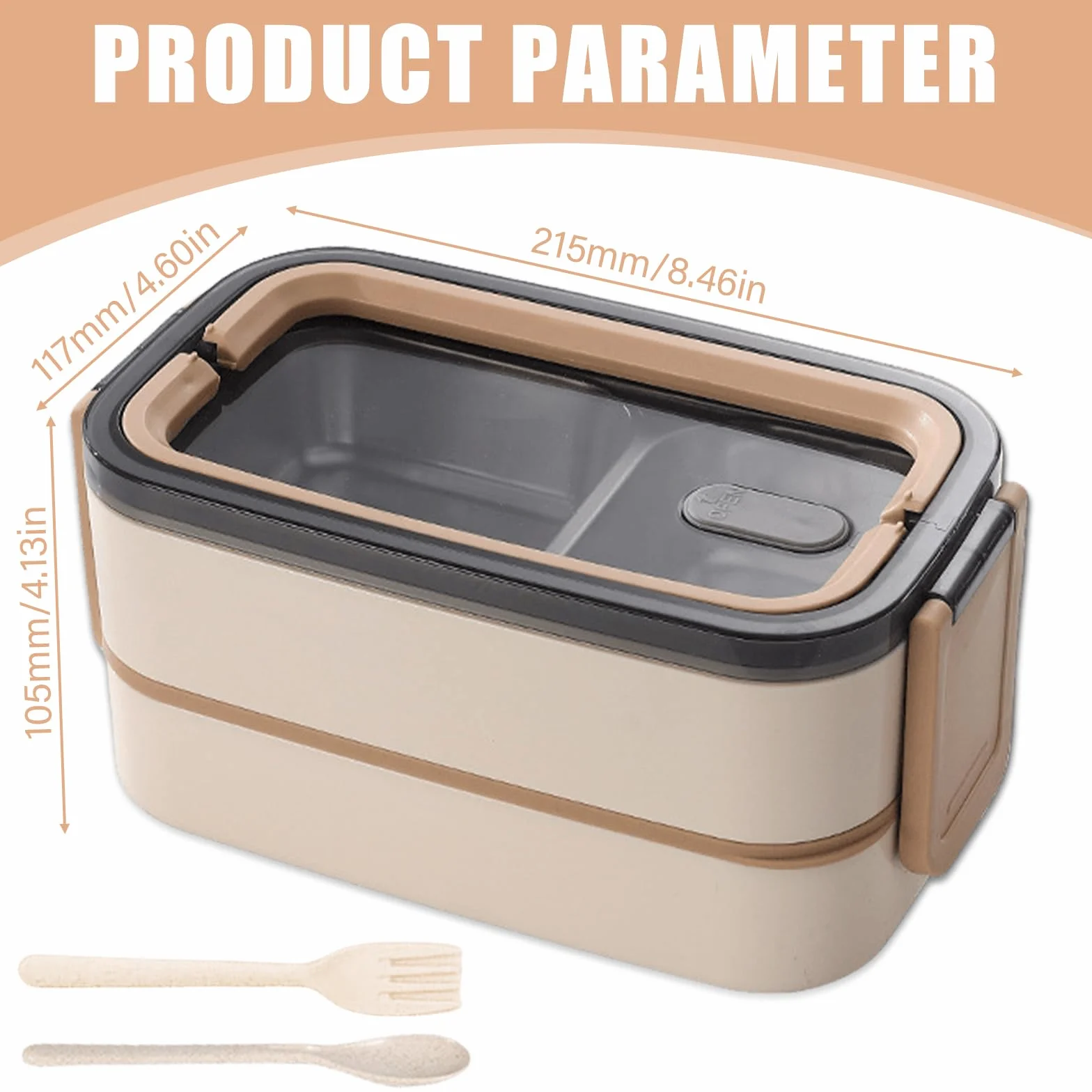 Pudełko Bento Box, 2 poziome, z przegródkami, 1400 ml, ze stali nierdzewnej, hermetyczne, nie zawiera BPA, z zestawem sztućców