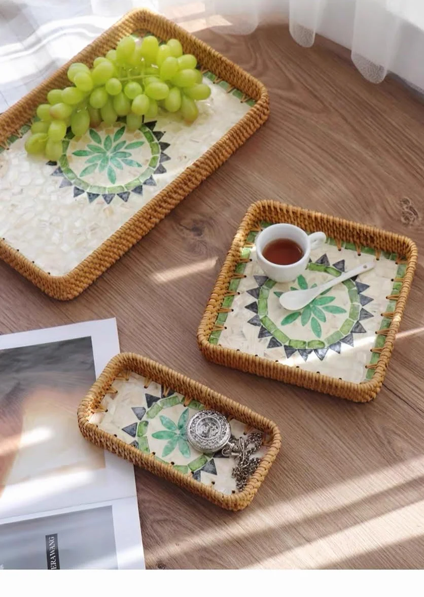 rattanowa taca do serwowania z wkładką z masy perłowej, prostokątna, dekoracyjna taca do serwowania w stylu boho, taca śniadaniowa, tkana taca do serwowania chleba, owoców, jedzenia, kawy,