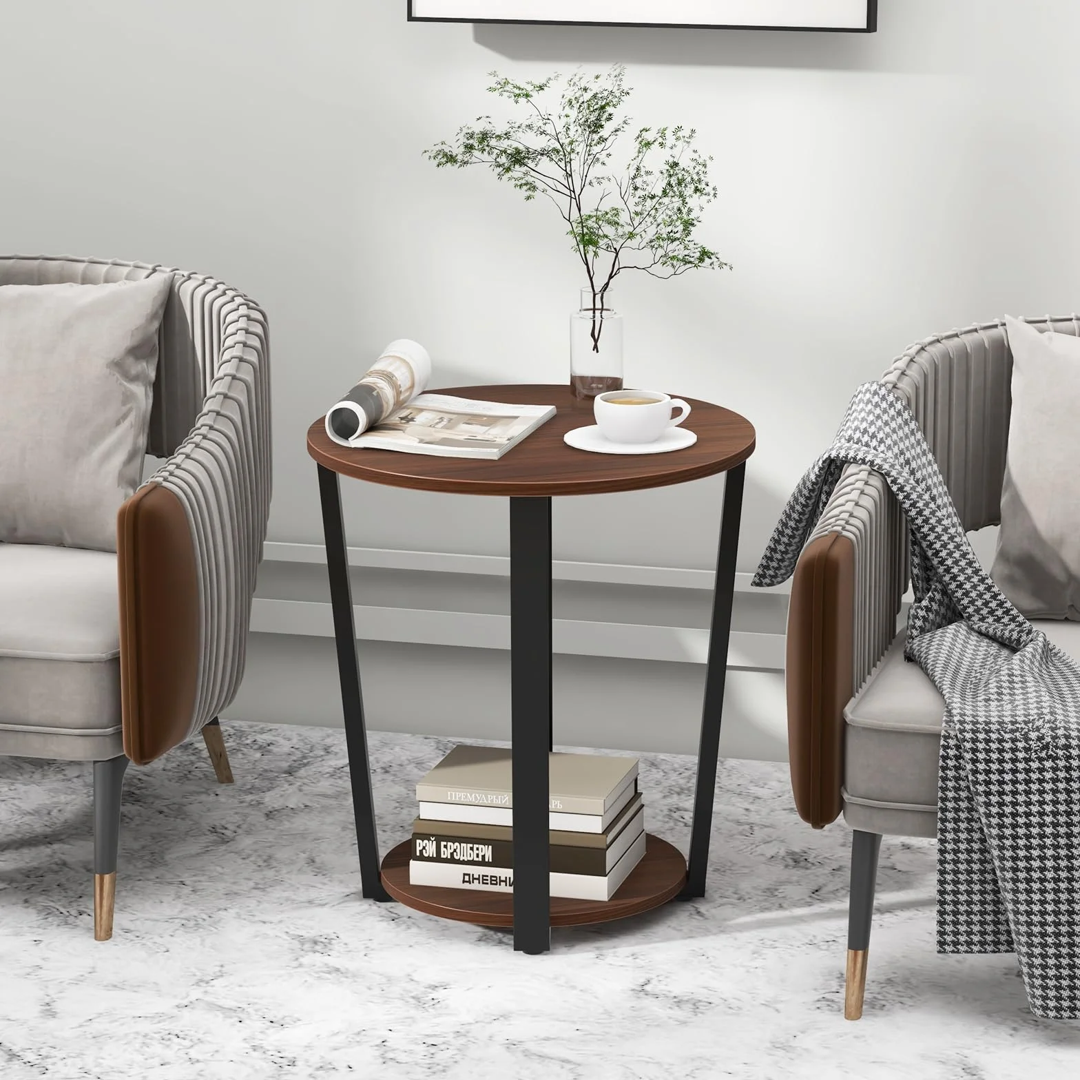GIANTEX 2-poziomowy stolik pomocniczy, 50 x 50 x 56,5 cm, okrągły stolik nocny z otwartą półką i metalową ramą, stolik kawowy w stylu industrialnym do salonu, sypialni (orzech)