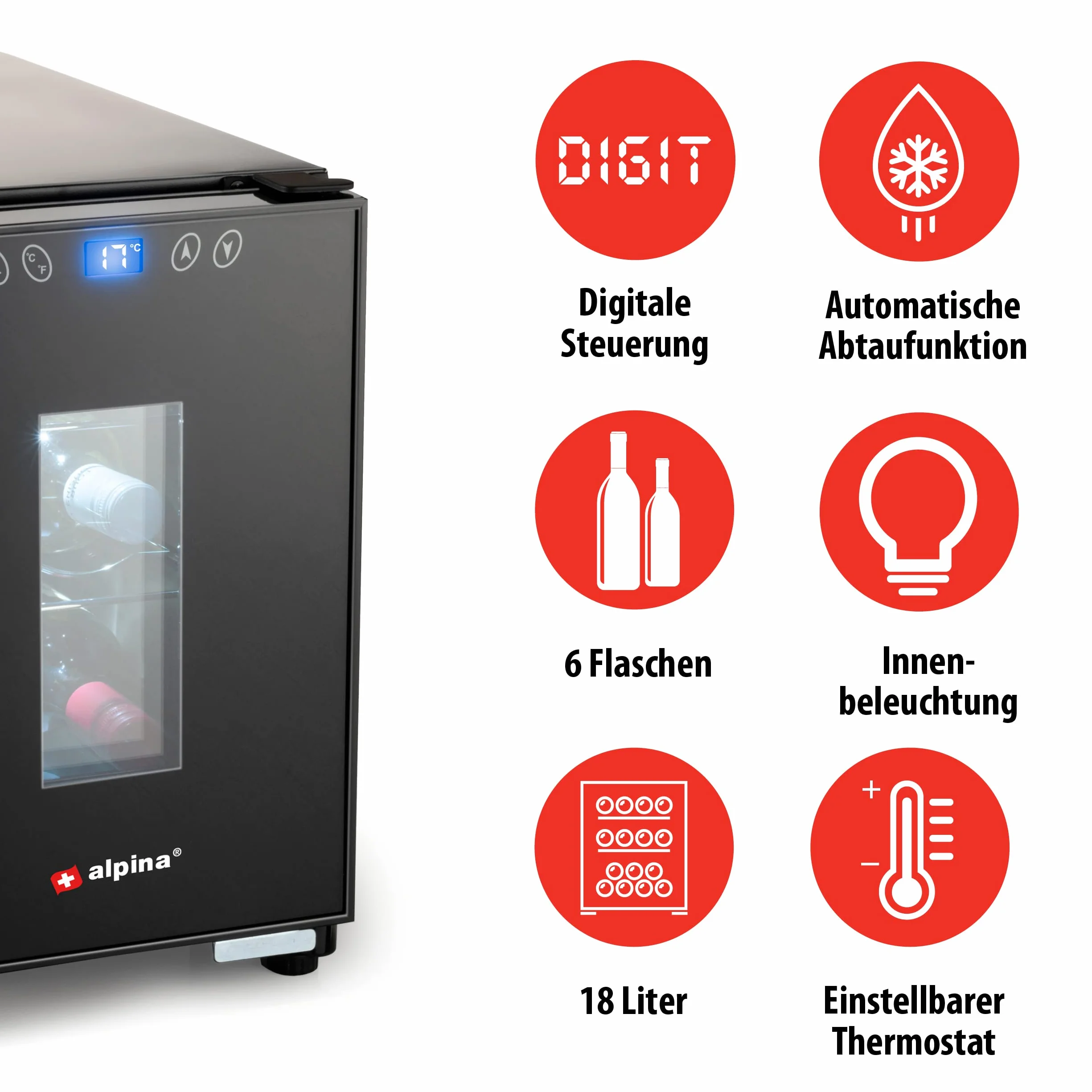 alpina Chłodziarka na wino 18 l – chłodziarka do wina na 6 butelek – chłodziarka do butelek 230 V – regulacja temperatury od 11°C do 18°C – szklane drzwi i oświetlenie wewnętrzne – cicha praca –