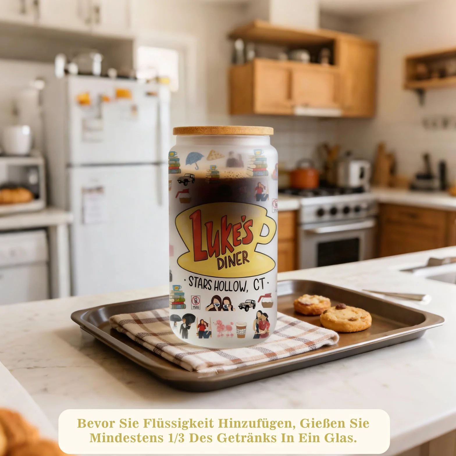 gilmore girls merch szklanka ze słomką i pokrywką, kompletny zestaw i dwustronny nadruk, kubek szklany dla dziewcząt, nastolatków, fanów, na prezent, do kawy, soku, koktajli, 500 ml