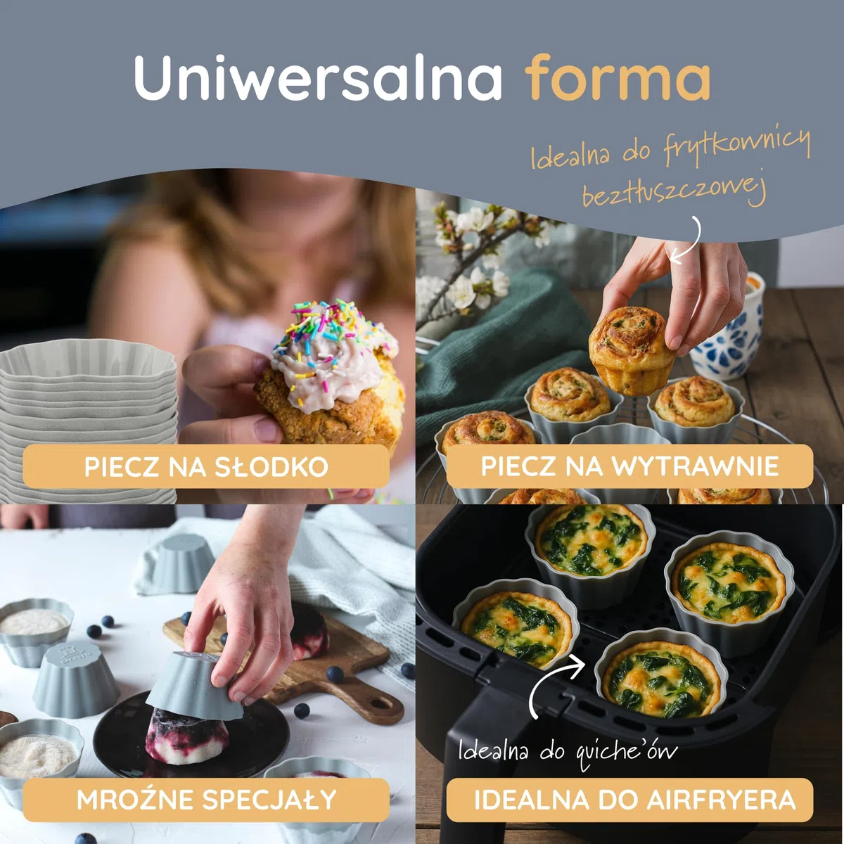 Backefix silikonowe foremki do muffinek zestaw – 24 szt., szare (Ø 6 cm) – nieprzywierające, platynowy silikon, do zmywarki, bez BPA i PFAS – do muffinów, cupcakes, deserów, ciastek