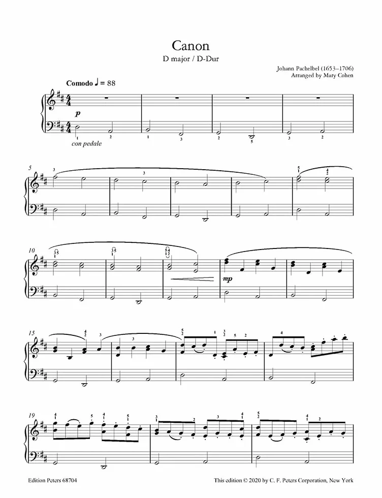 Canon D-Dur (Bearbeitung für Klavier zu 2 Händen): Partitur für Klavier