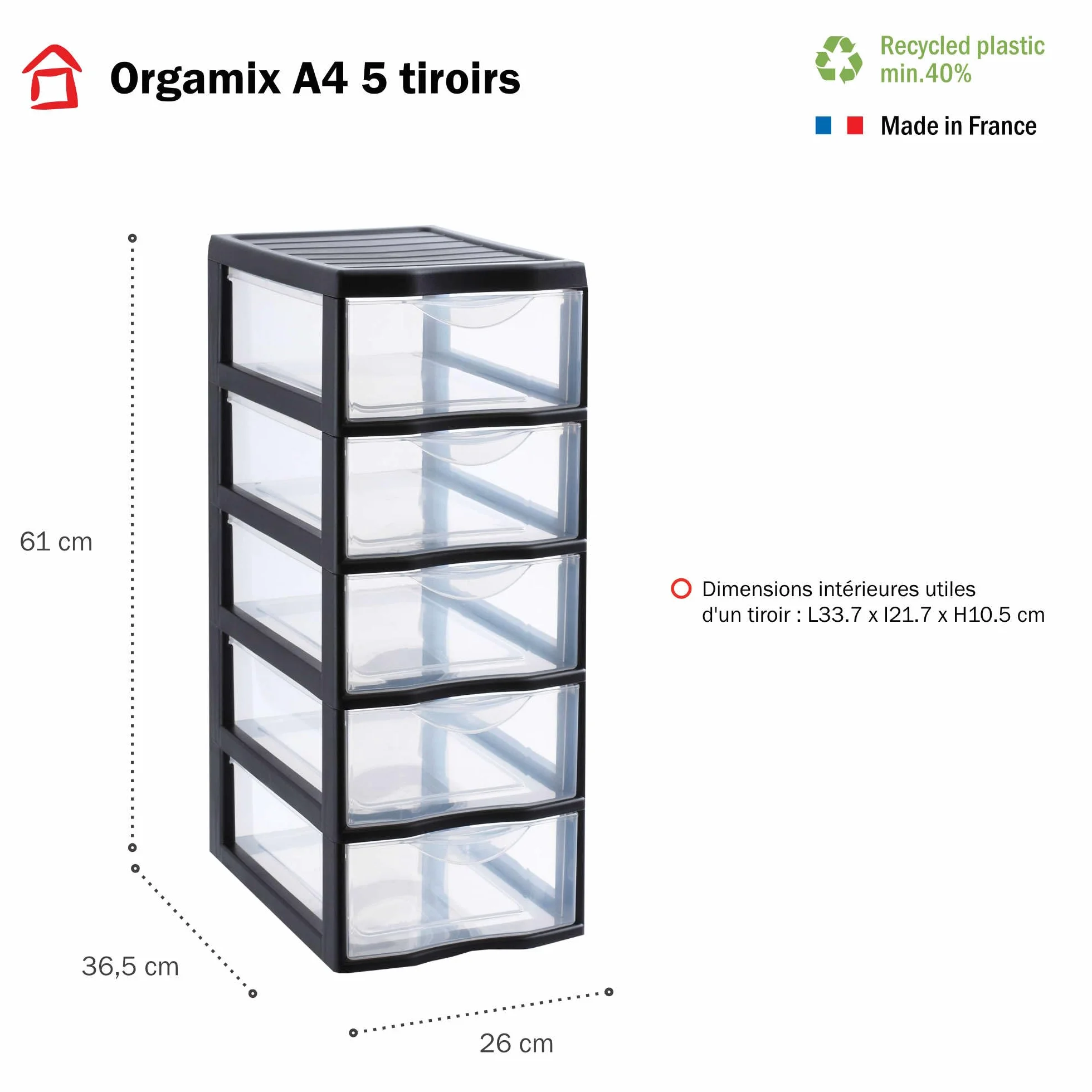 SUNDIS Orgamix, plastikowy komoda do przechowywania, 5 przezroczyste szuflady A4, wysokość 61 cm, idealna do przechowywania biurowego, lekcji, dokumentów, materiałów eksploatacyjnych
