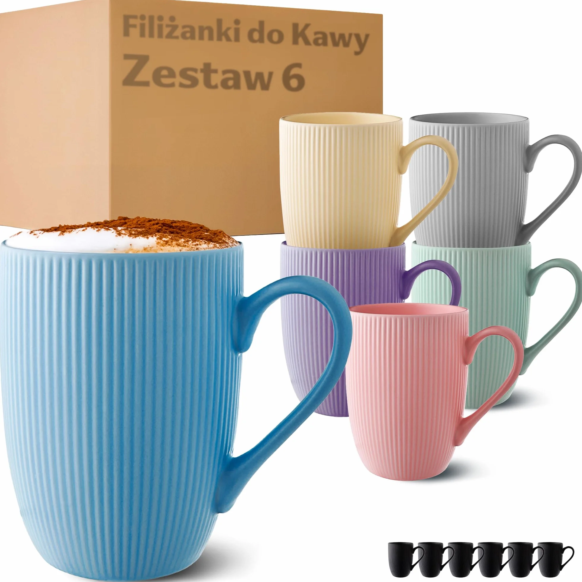 Cosumy Kawałki Zestaw 6 Pastelowych Kubków do Kawy - Unikalny wzór w paski - Matowy wygląd i ceramiczny kształt - Można używać w kuchence mikrofalowej - Można myć w zmywarce