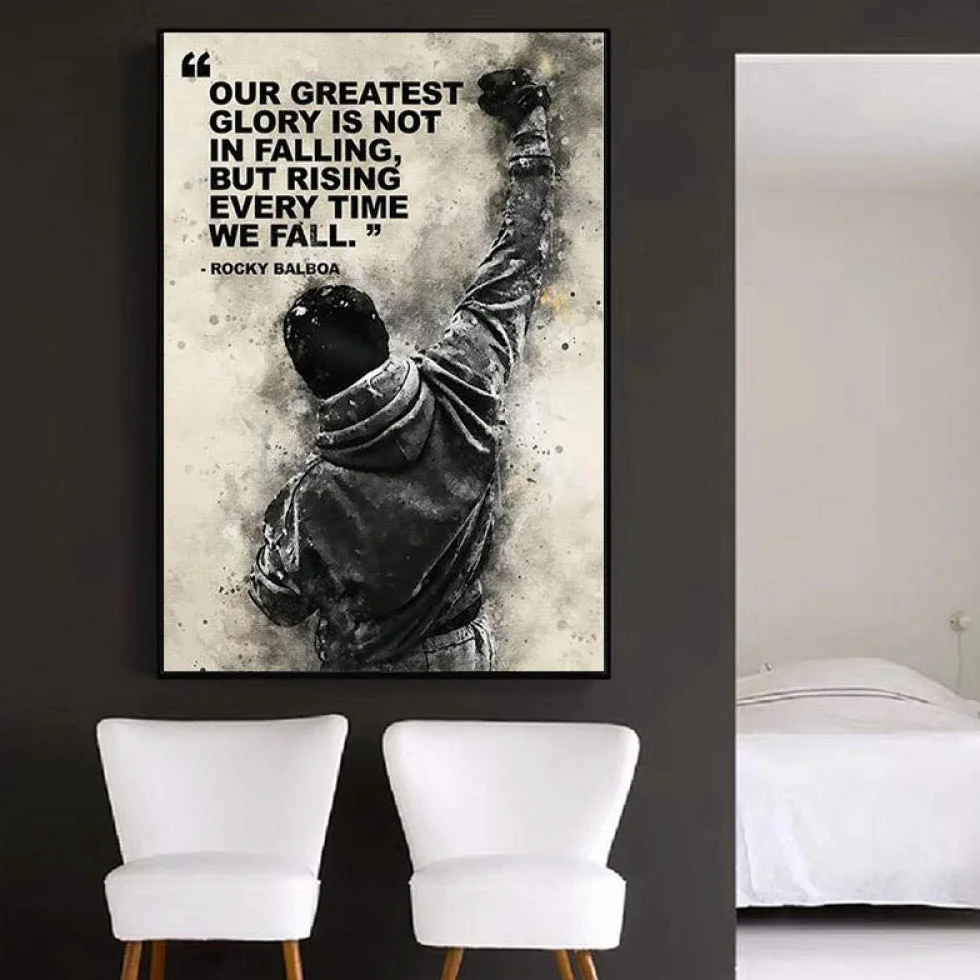 WTYBGDAN Czarno-białe Rocky Balboa pudełka na płótnie, druk plakatów i wydruków, plakat motywacyjny, sztuka ścienna do dekoracji sypialni | 50 x 70 cm / bez ramy