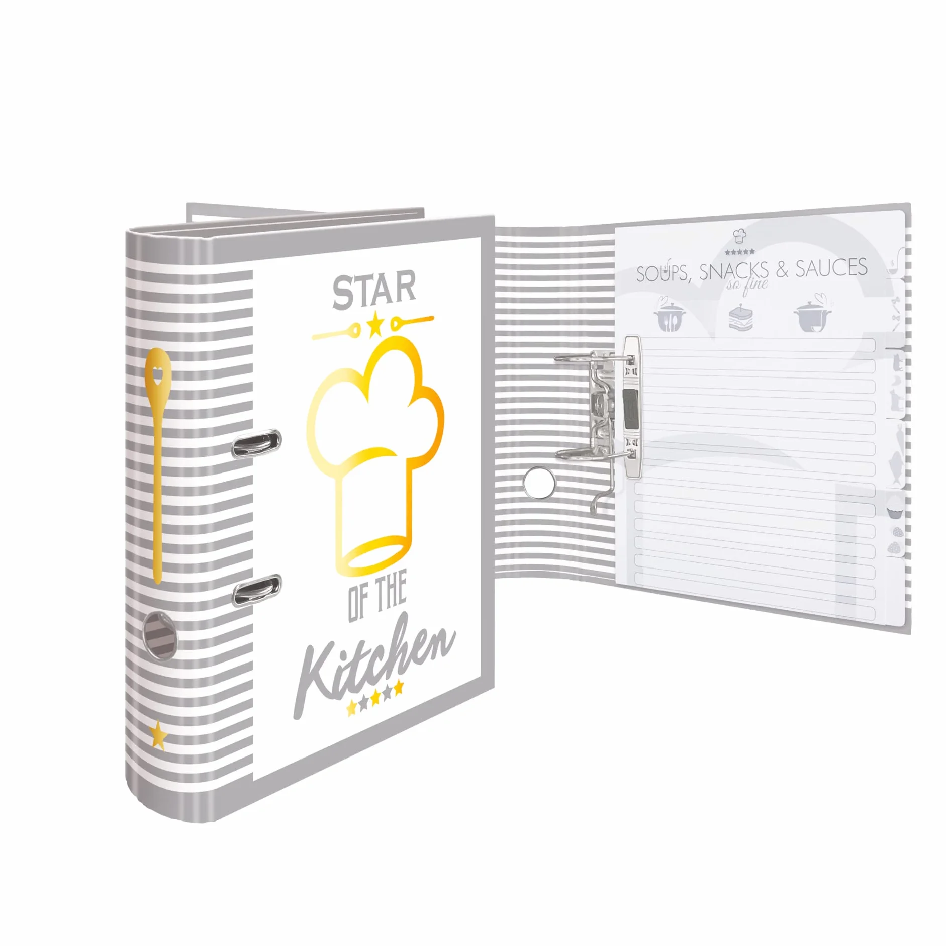 HERMA 19662 Recipe Folder A4 for Writing Yourself Star of the Kitchen, 7 cm Wide, Recipe Book with Index for Filing, Motif Ring Binder with Inner Print for Kitchen and Household for Cooking Recipes