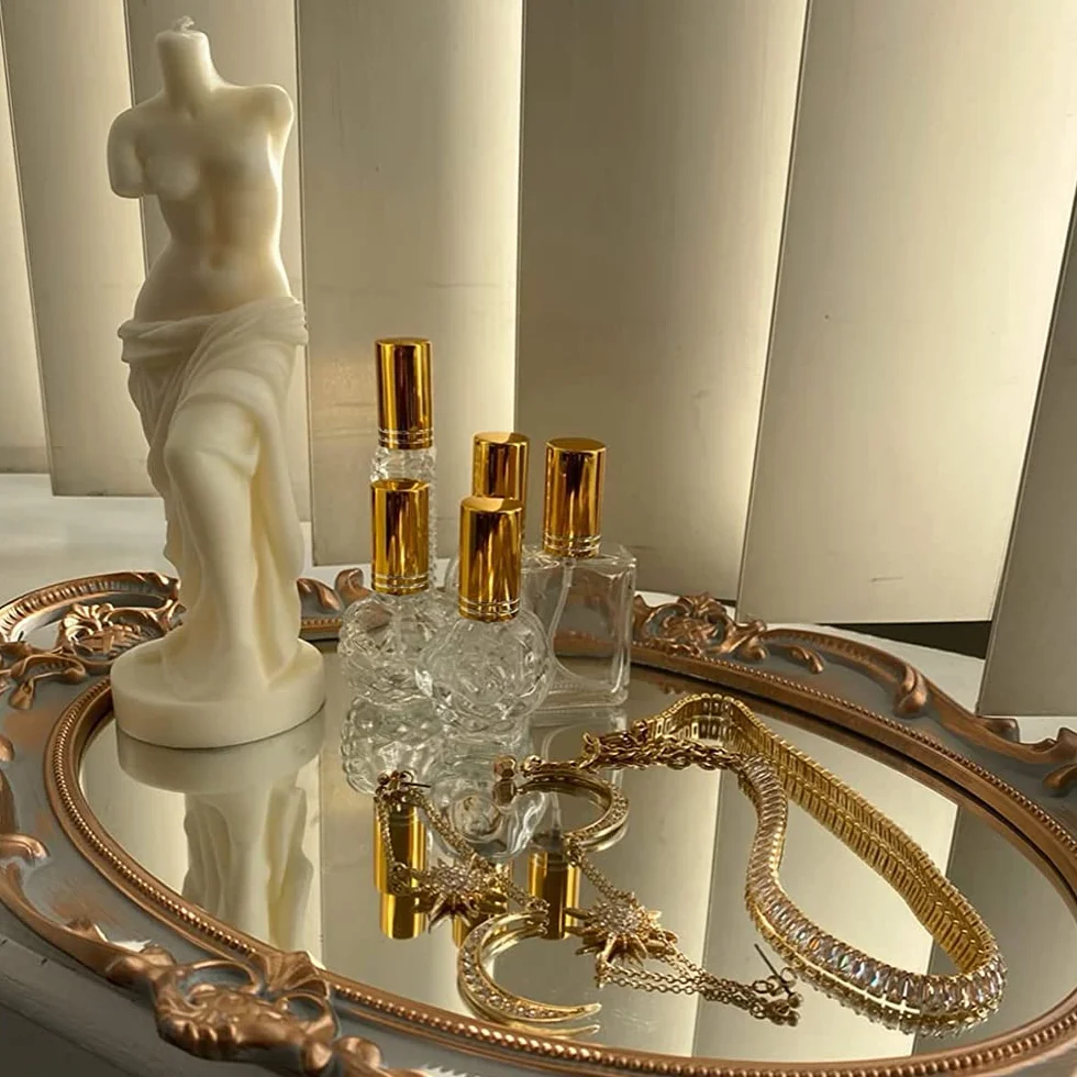 Stojak na biżuterię w stylu vintage, organizer na perfumy, dekoracyjna taca do lustra, owalna, vintage, na perfumy, biżuterię, tacę, do sypialni, salonu, złoto-szary
