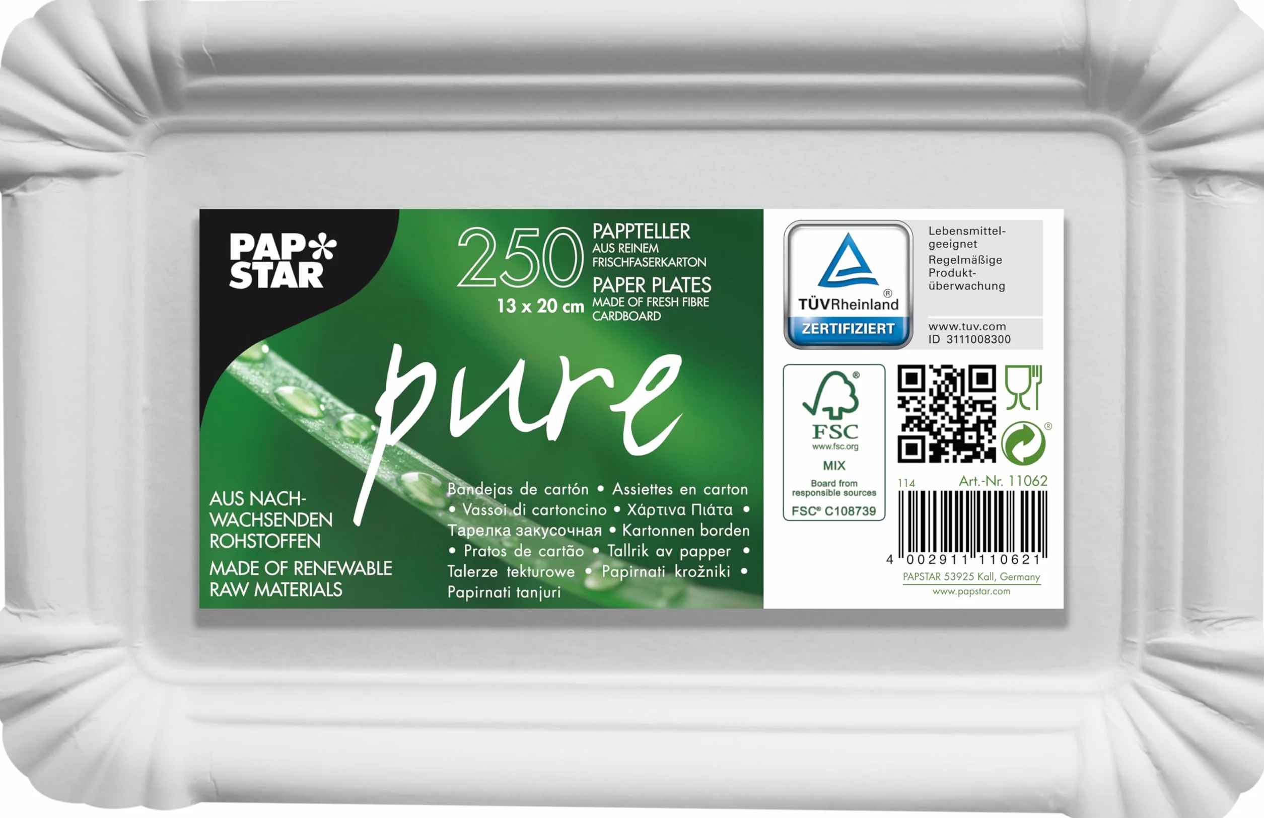 PAPSTAR Pure Jednorazowe Talerze Papierowe Prostokątne, Wykonane z Kartonu, Białe, 13 X 20 cm, 250 Sztuk