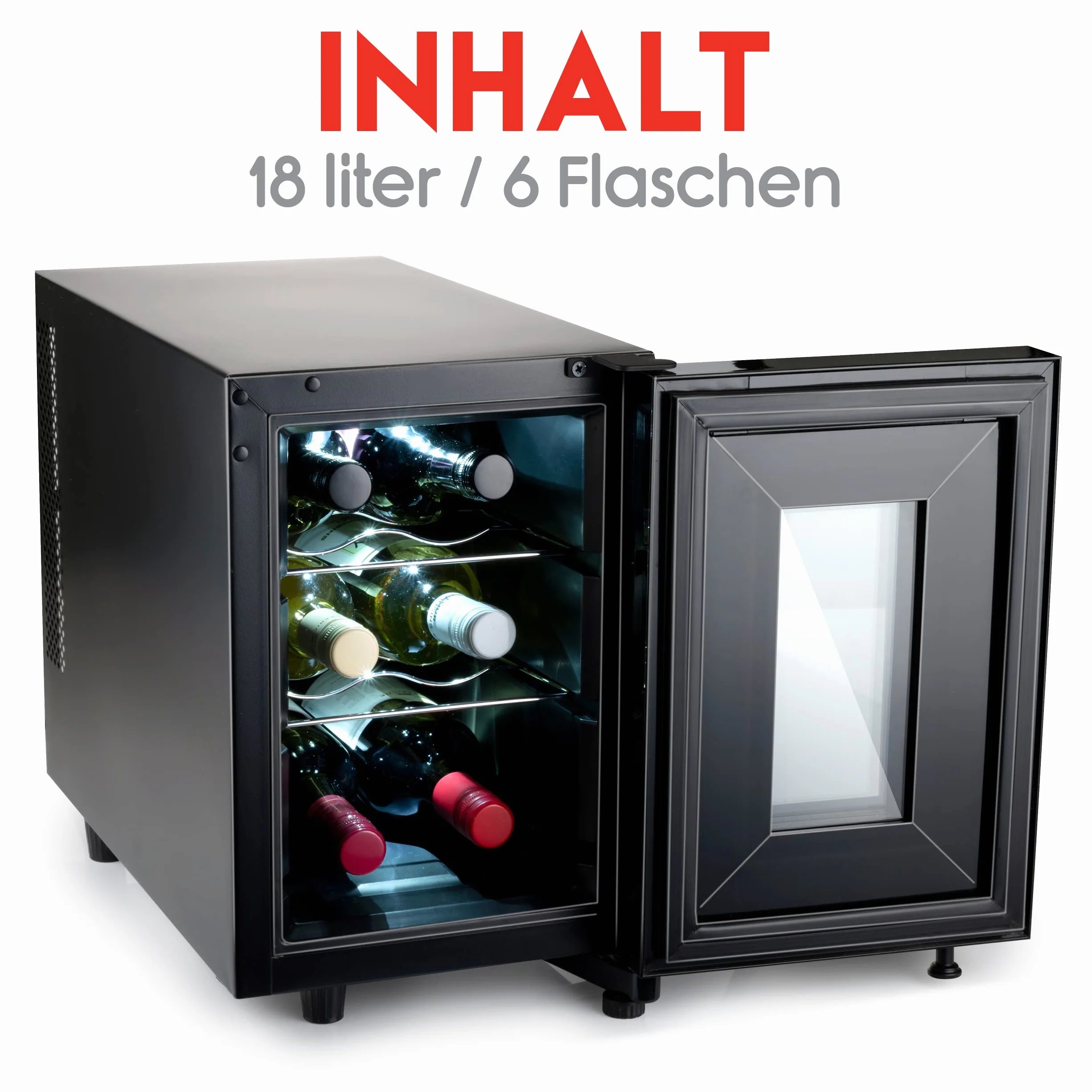 alpina Chłodziarka na wino 18 l – chłodziarka do wina na 6 butelek – chłodziarka do butelek 230 V – regulacja temperatury od 11°C do 18°C – szklane drzwi i oświetlenie wewnętrzne – cicha praca –
