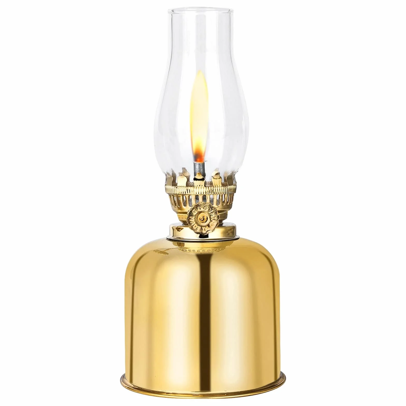 Lampa naftowa, lampa olejowa w stylu retro, latarnia z metalu i szkła, z obrotową oprawką – do użytku wewnątrz i na zewnątrz, wiatroszczelna, w antycznym stylu vintage (złota)