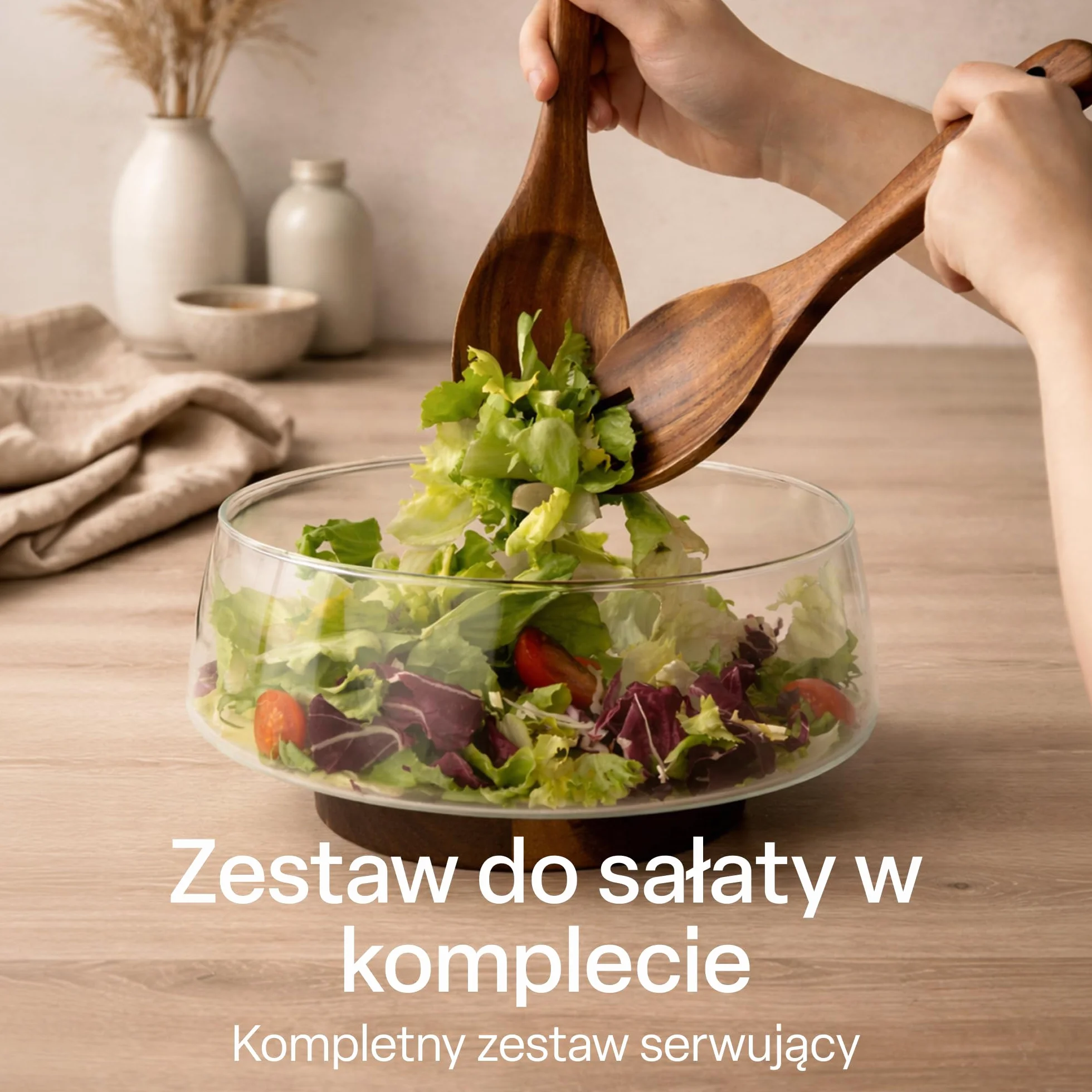 MIAMIO Duża Szklana Miska do Sałatki 3,5L z Drewnianą Podstawą Akacjową
