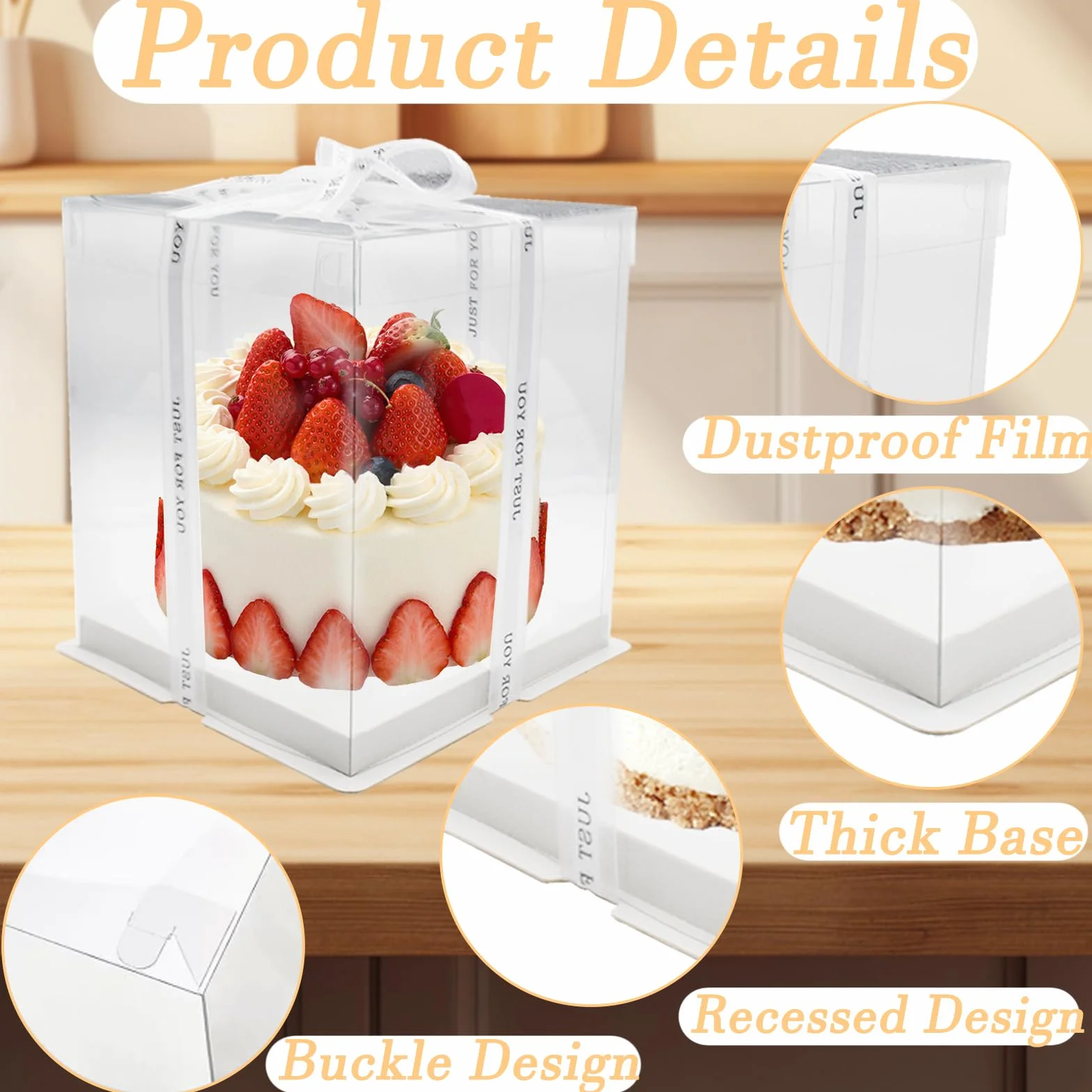 2 przezroczyste pudełko na tort, pudełko na tort, pudełko na tort, 21,5 x 21,5 x 25 cm, przezroczyste pudełko transportowe, pudełka na torty, z cokołem i wstążką, na urodziny i desery