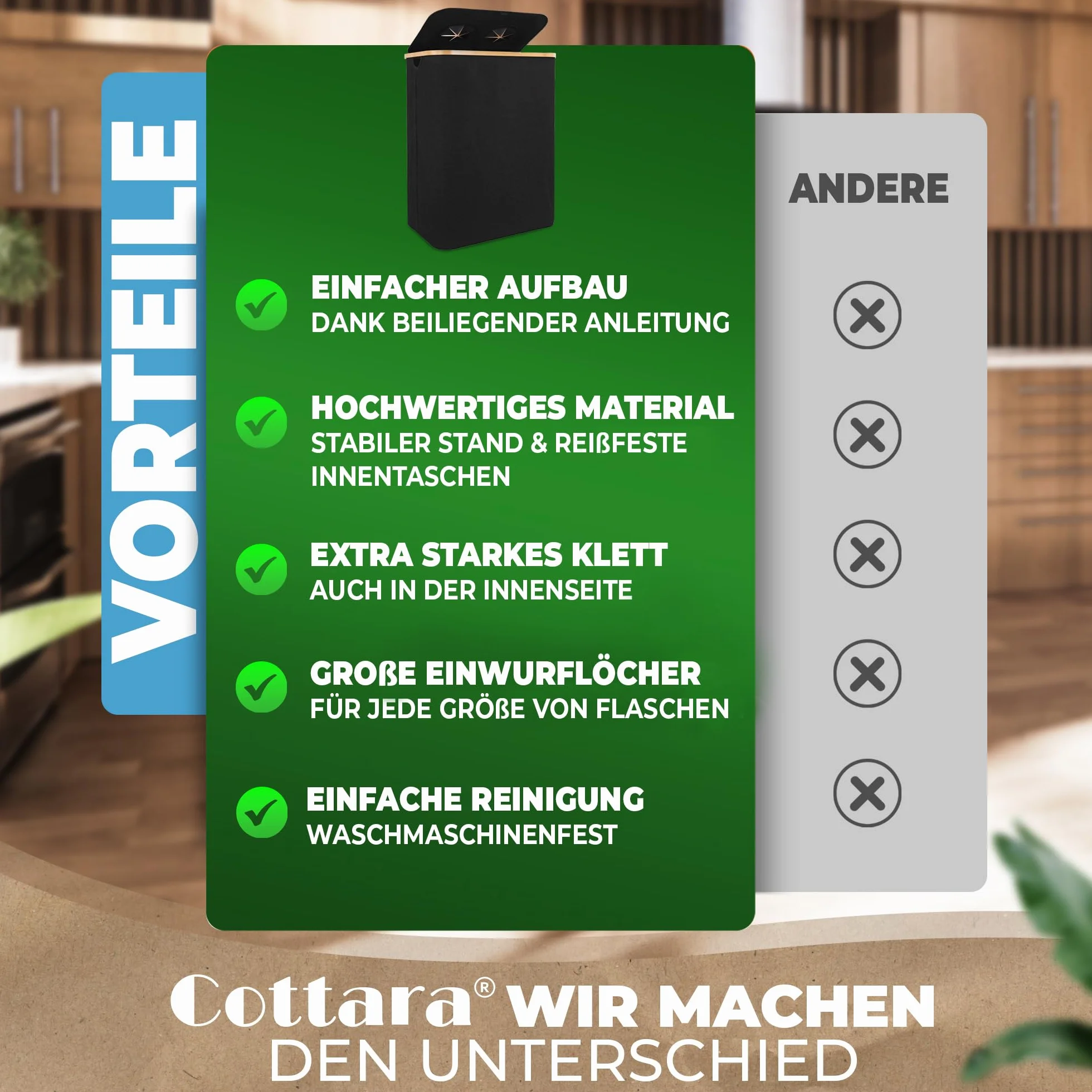 COTTARA® zbiornik na butelki zwrotne 2 przegródki, stabilny pojemnik na puste butelki, 2x woreczki do przenoszenia, praktyczny pojemnik na butelki zwrotne, zbieralnik zwrotów, przechowywanie butelek