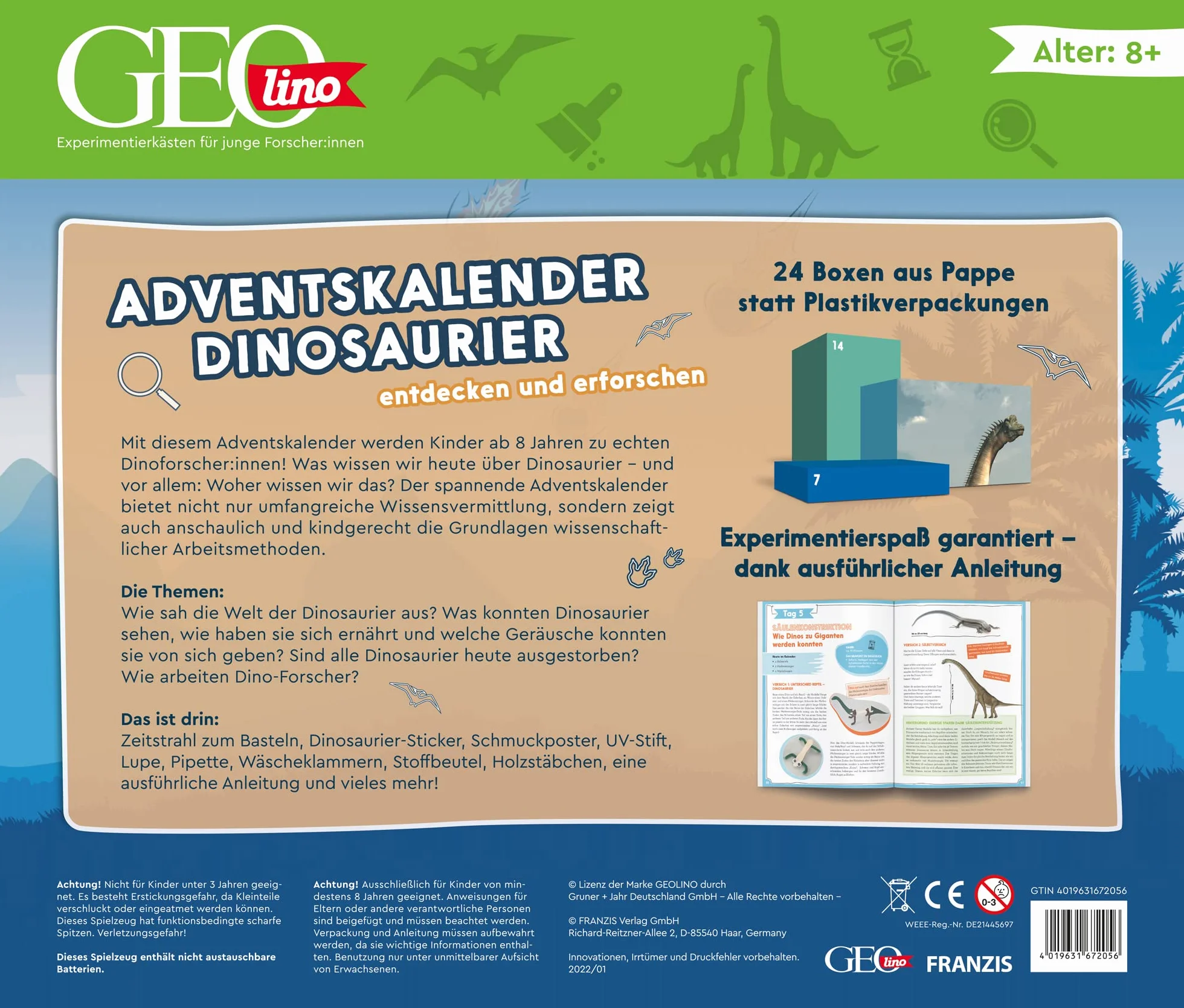 FRANZIS 67205 - GEOlino Adventskalender Dinosaurier - entdecken und erforschen. 24 spannende Experimente für die Weihnachtszeit, für Kinder ab 8 Jahren.
