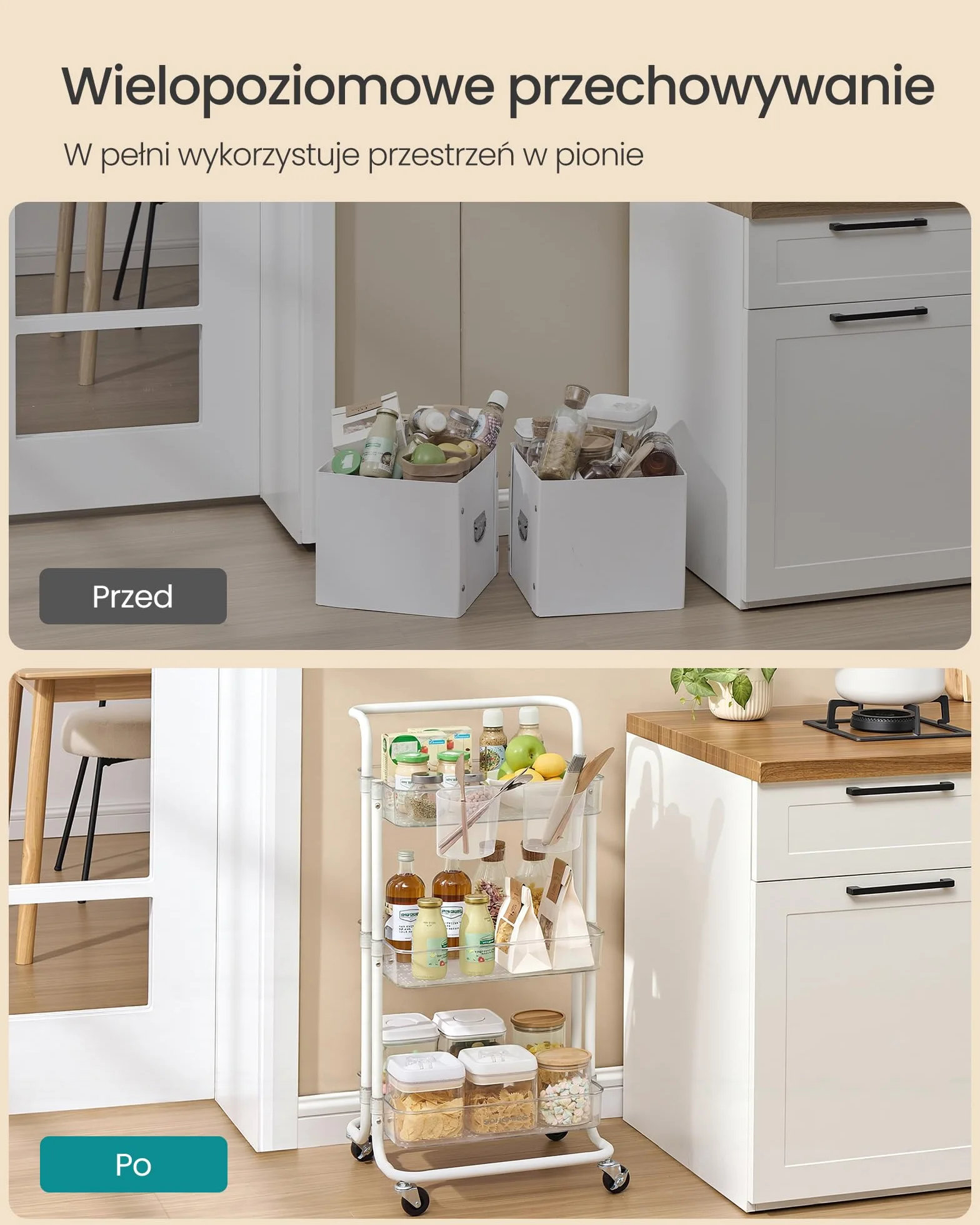 SONGMICS Wózek 3-poziomowy do serwowania i kuchenny z uchwytem, biało-przezroczysty BSC067W03