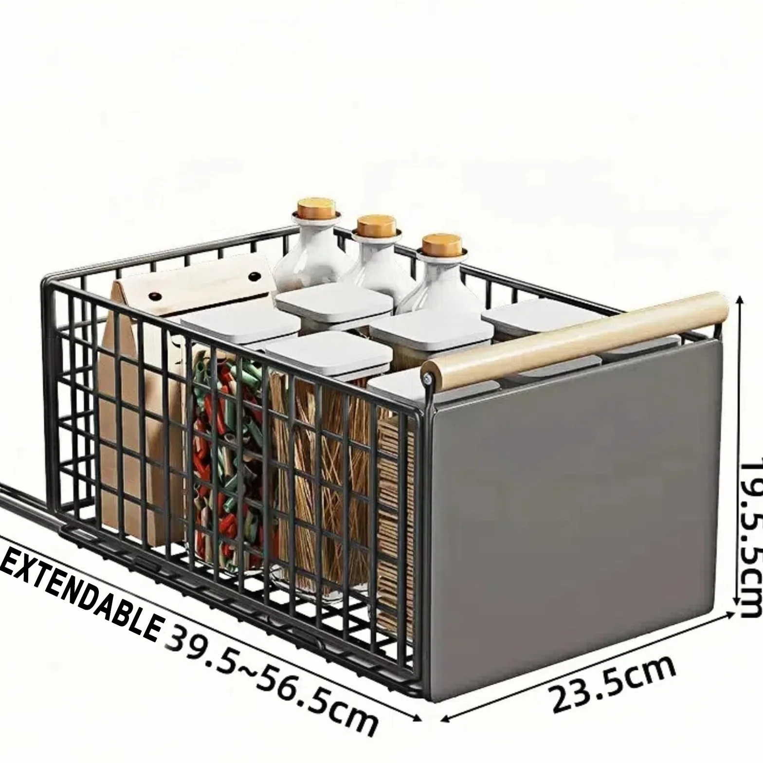 Metalowa Wysuwana Szuflada do Szafki Kuchennej 39,5×23,5×19,5 cm – Organizer z Prowadnicami i Drewnianym Uchwytom Montaż Bez Wiercenia Idealna do Kuchni i Łazienki