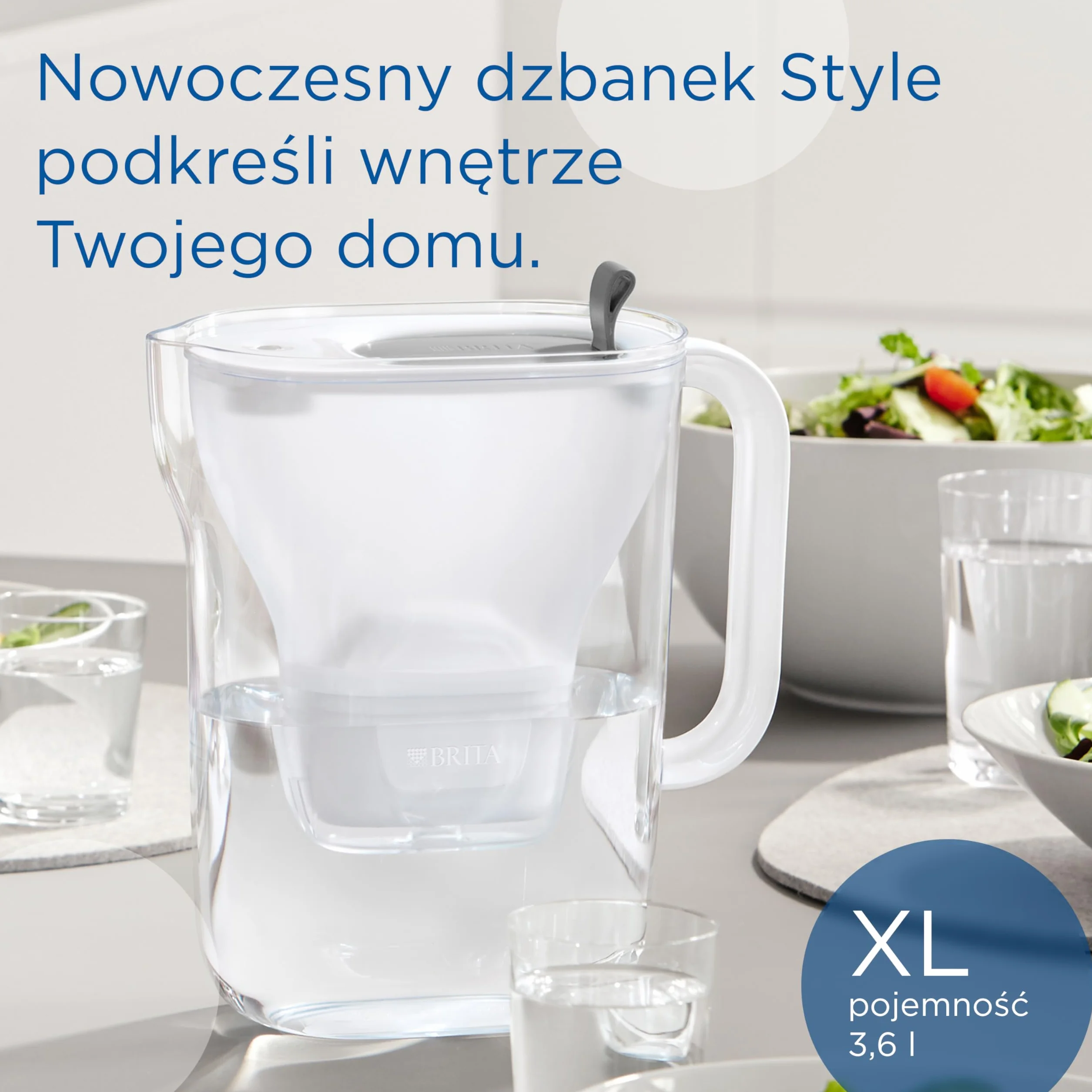 BRITA Dzbanek filtrujący Style XL szary (3.6L) zawiera 1 filtr MAXTRA PRO Pure Performance - duża pojemność, uchylna klapka, wskaźnik LED, filtr redukuje chlor, kamień i zanieczyszczenia