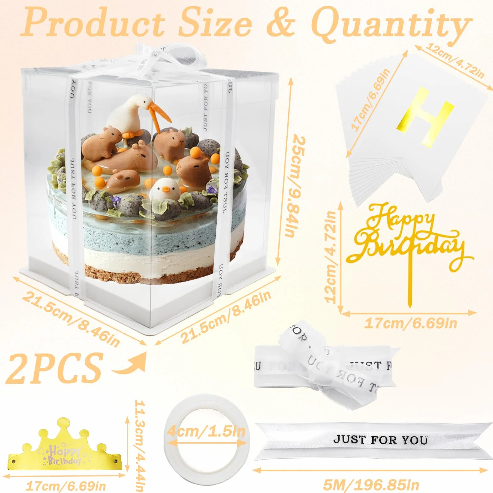 2 przezroczyste pudełko na tort, pudełko na tort, pudełko na tort, 21,5 x 21,5 x 25 cm, przezroczyste pudełko transportowe, pudełka na torty, z cokołem i wstążką, na urodziny i desery